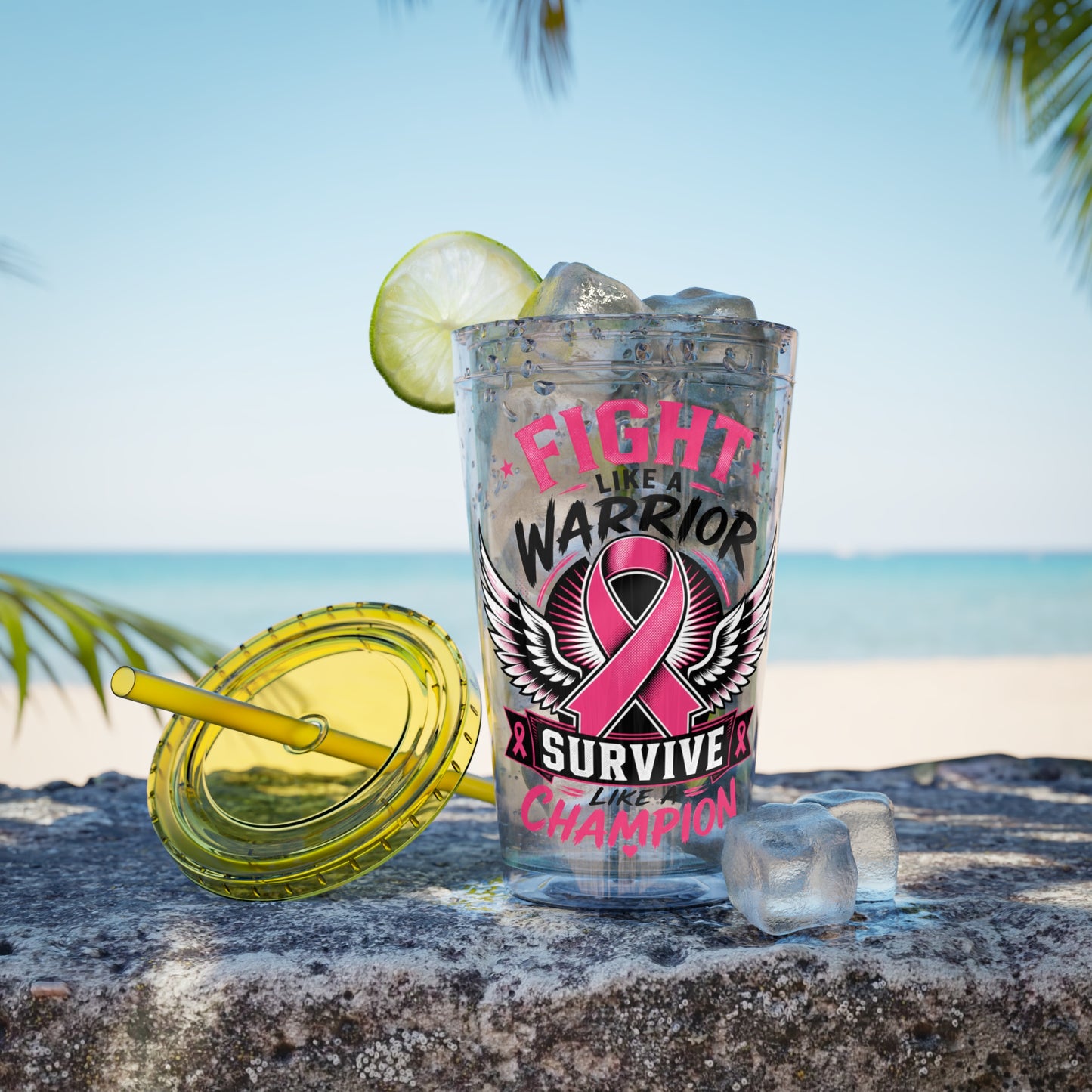 Fight Like a Warrior, Survive Like a Champion Breast Cancer Awareness 16oz Tumbler with Straw