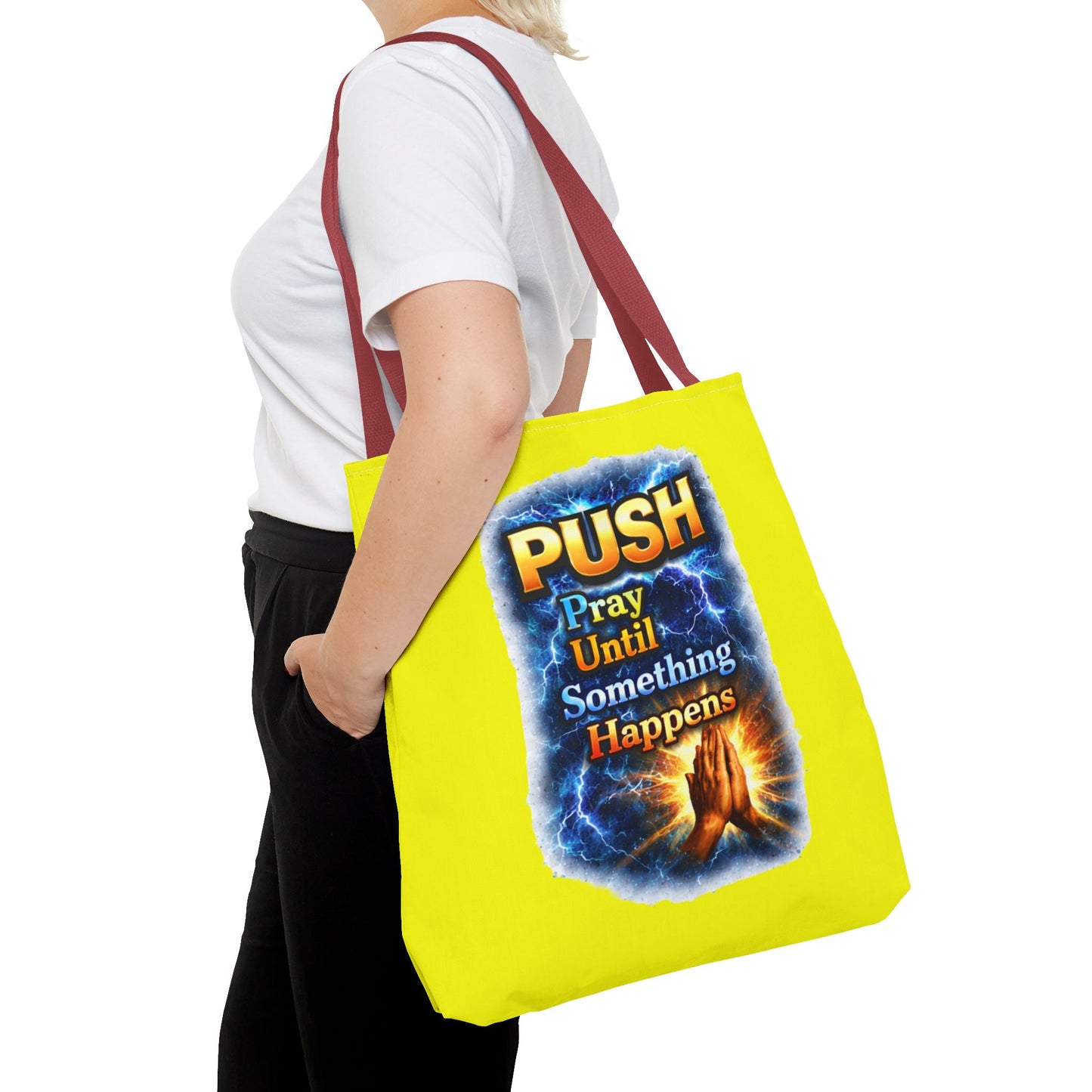 Push Pray Until Something Happens Yellow Tote Bag - Hands