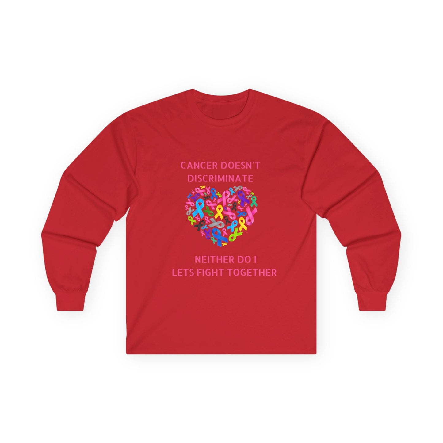 Cancer Awareness Long Sleeve Tee — "Cancer Doesn't Discriminate" Heart Ribbon