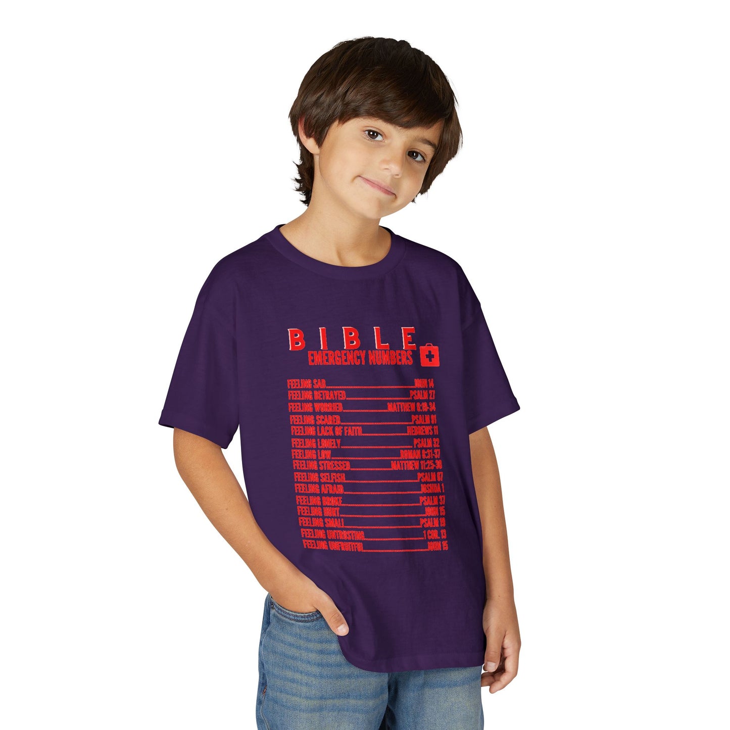 Bible Emergency Numbers Youth T-Shirt — Red