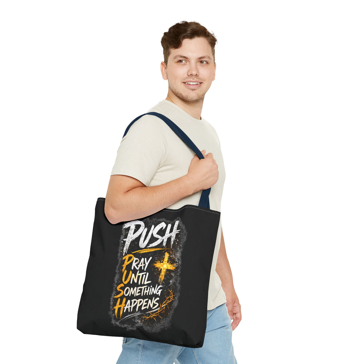 Push Pray Until Something Happens Black Tote Bag