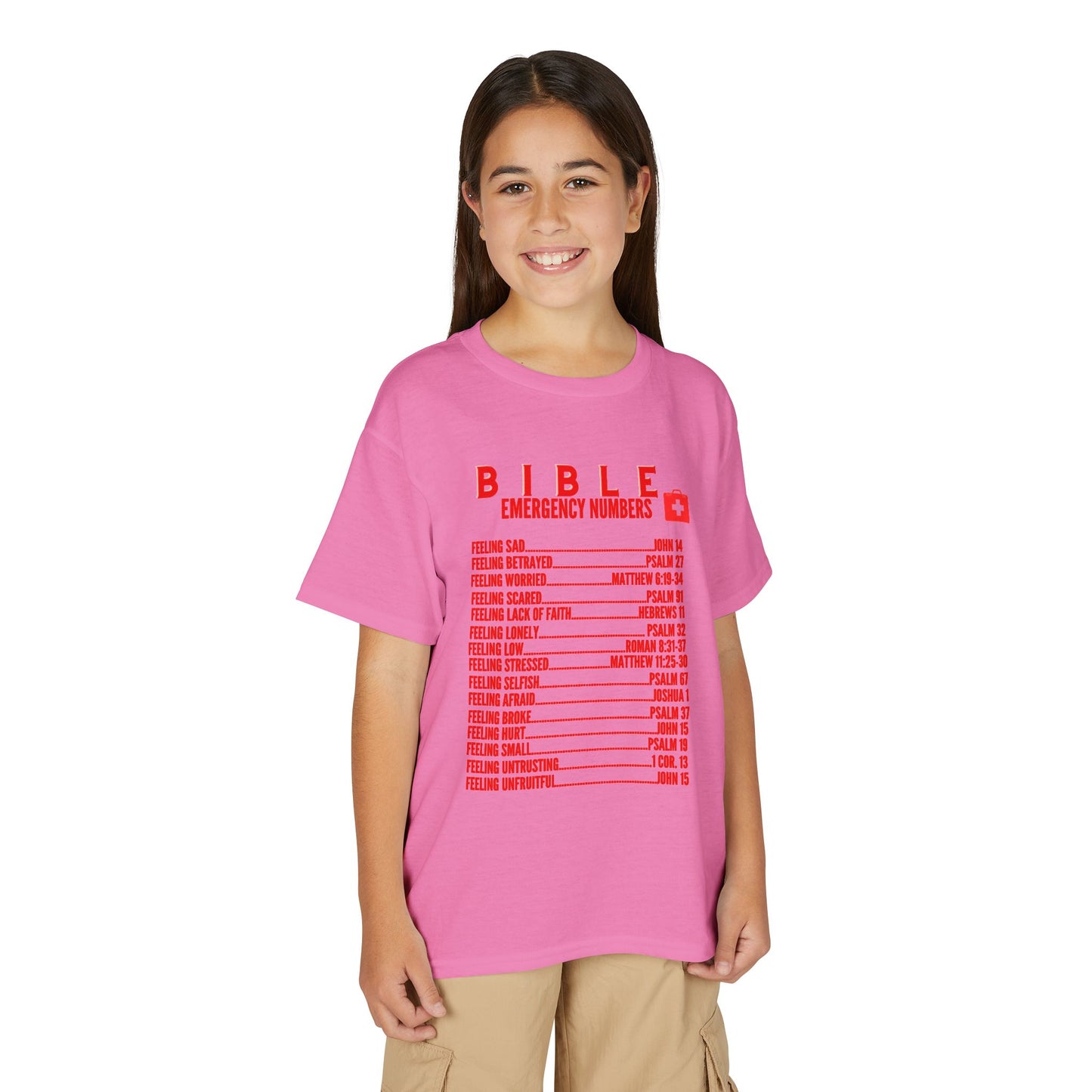 Bible Emergency Numbers Youth T-Shirt — Red