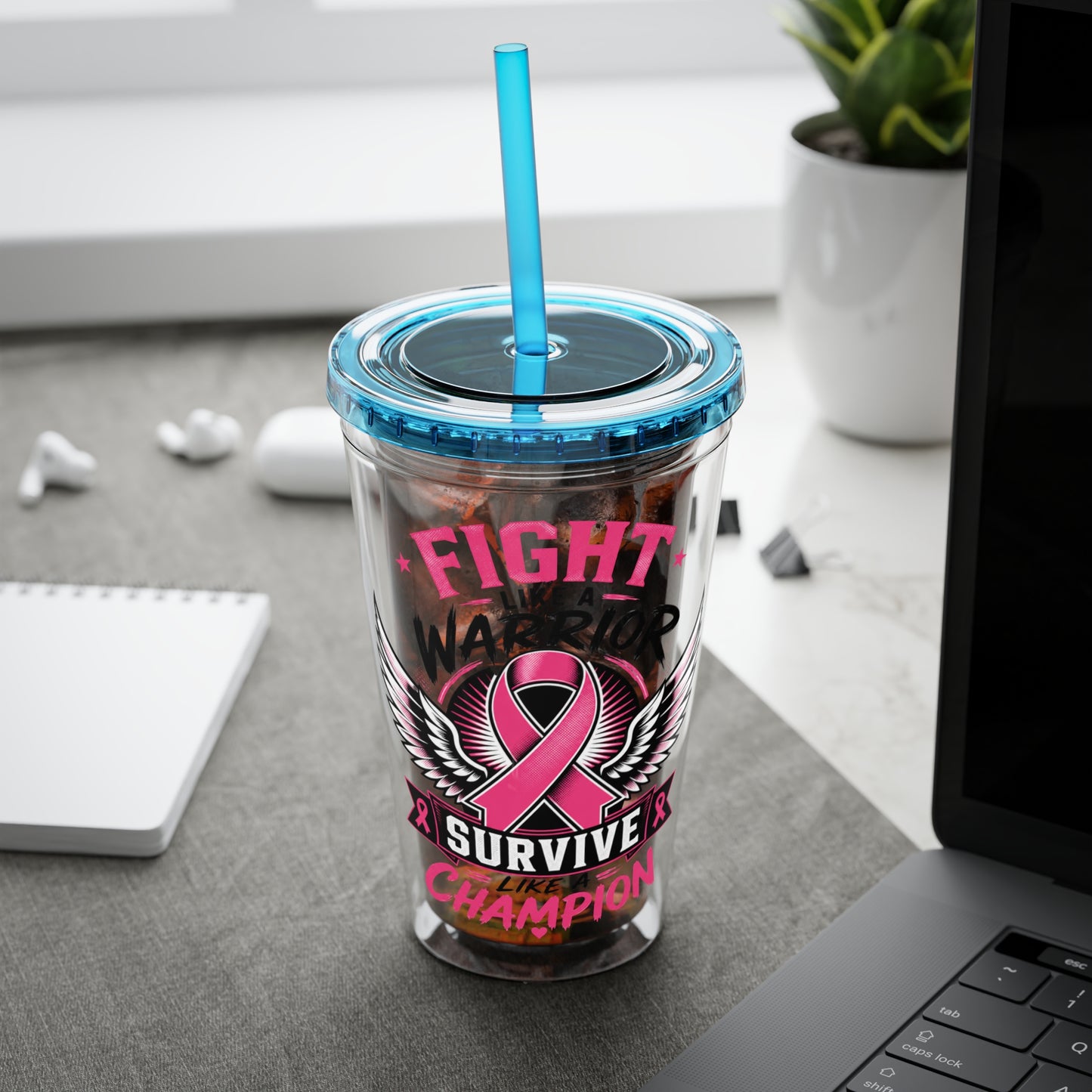 Fight Like a Warrior, Survive Like a Champion Breast Cancer Awareness 16oz Tumbler with Straw