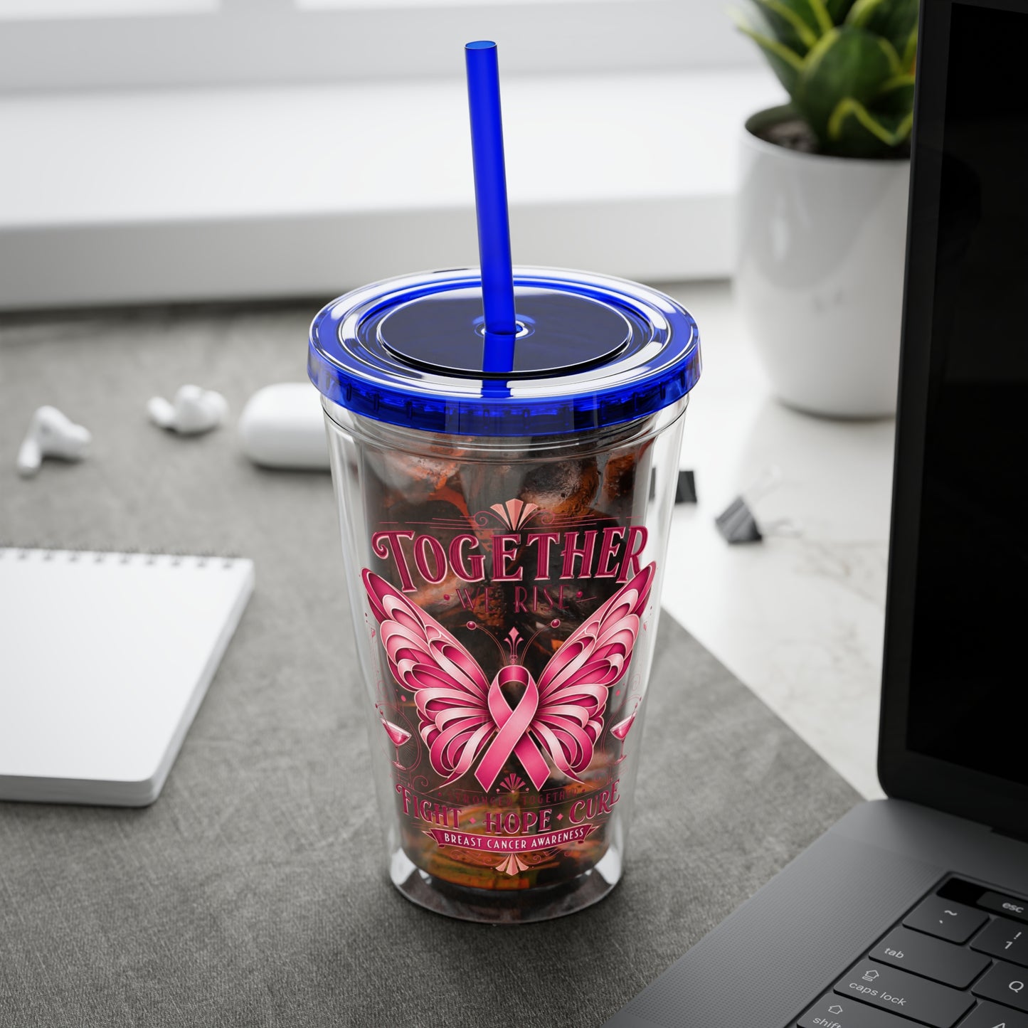 Together We Rise Butterfly Breast Cancer 16oz Tumbler with Straw