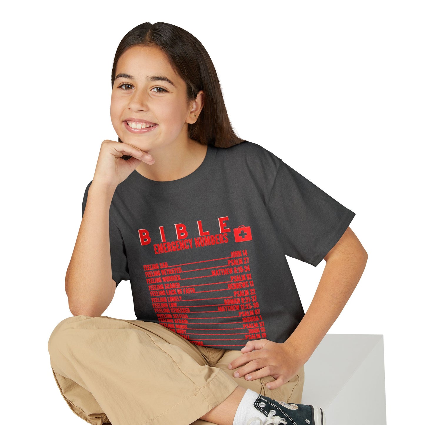 Bible Emergency Numbers Youth T-Shirt — Red