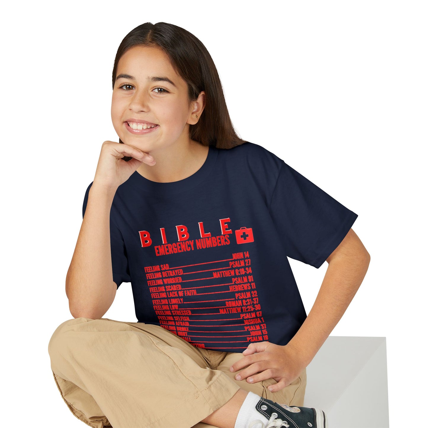 Bible Emergency Numbers Youth T-Shirt — Red