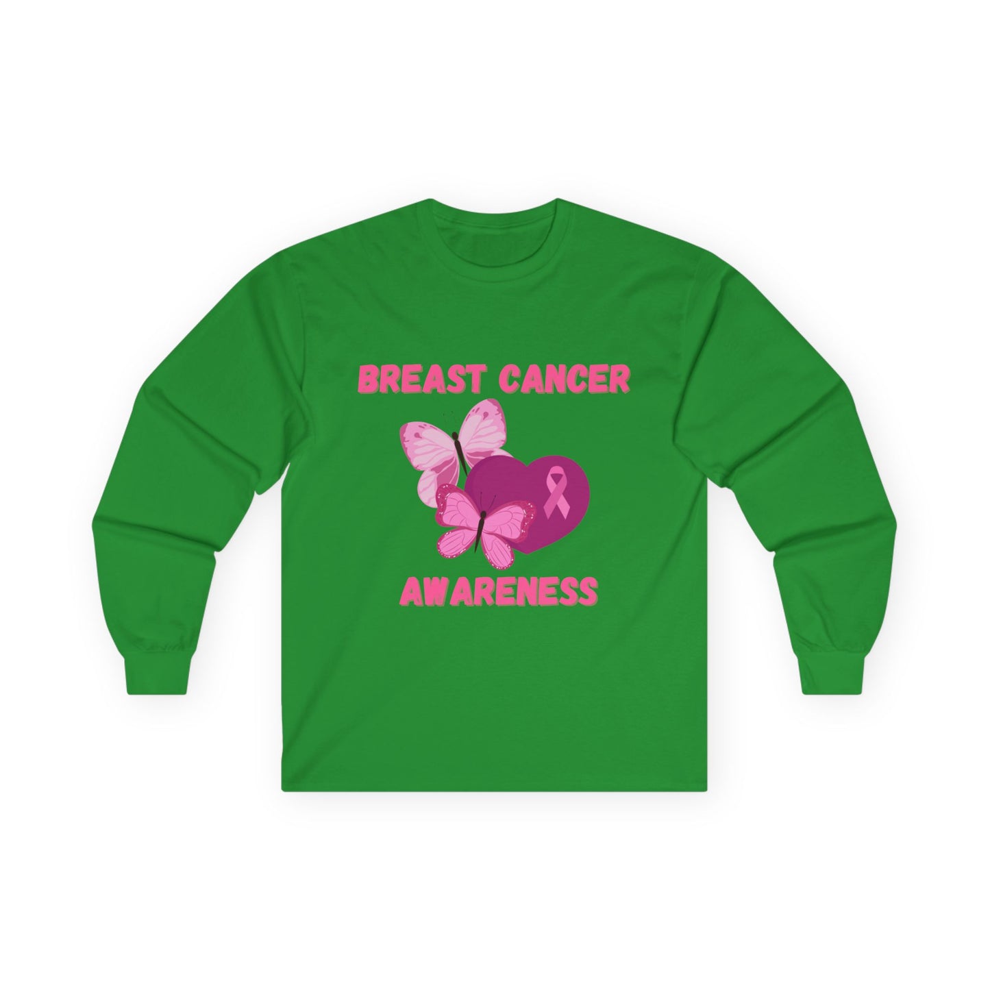 Breast Cancer Awareness Long Sleeve Tee — Pink Ribbon Butterfly Design