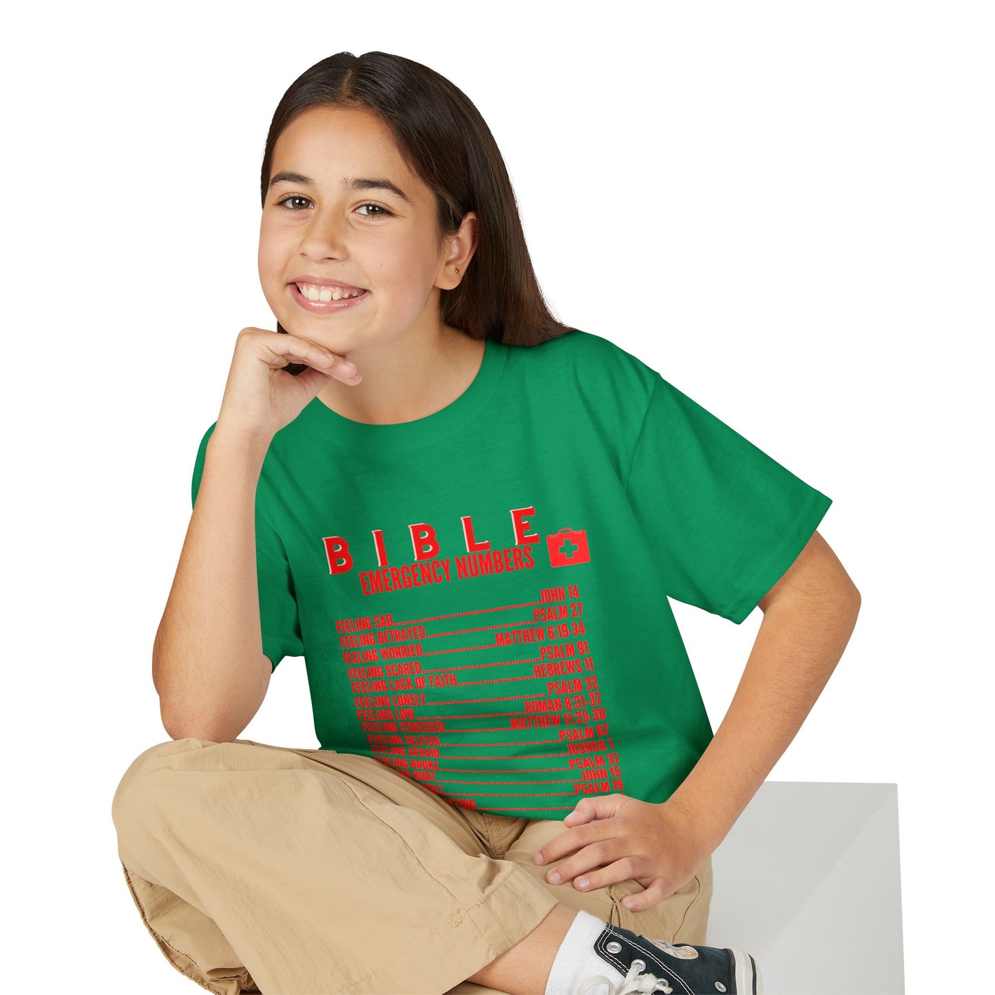 Bible Emergency Numbers Youth T-Shirt — Red