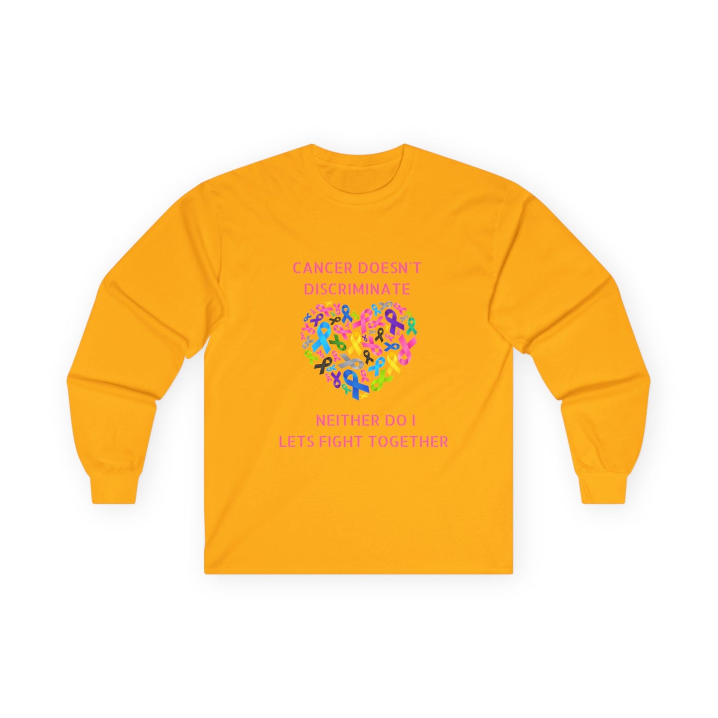 Cancer Awareness Long Sleeve Tee — "Cancer Doesn't Discriminate" Heart Ribbon