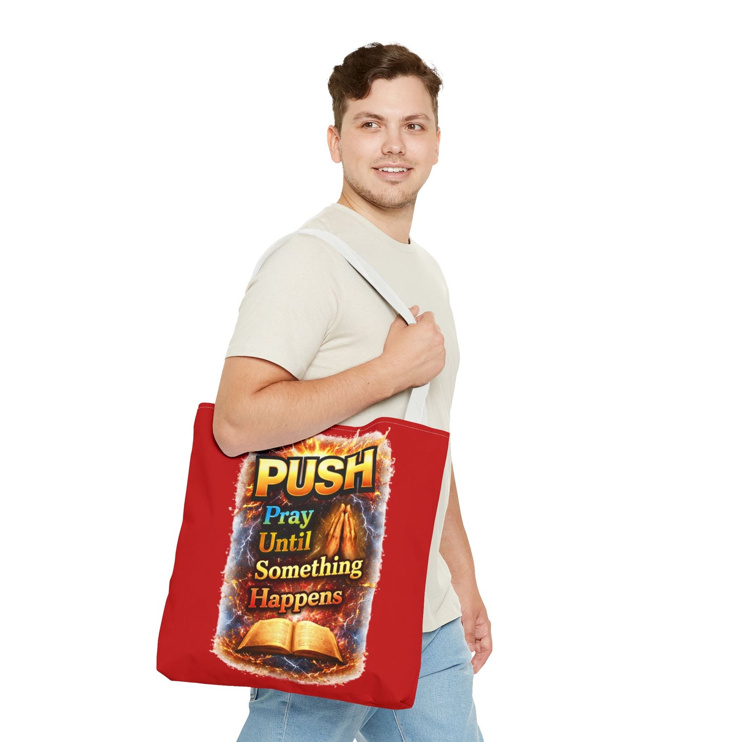 Push Pray Until Something Happens Red Tote Bag - Bible