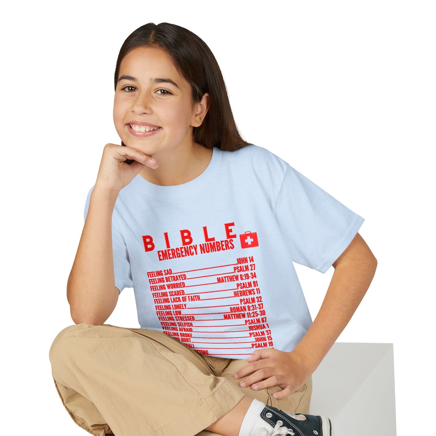 Bible Emergency Numbers Youth T-Shirt — Red