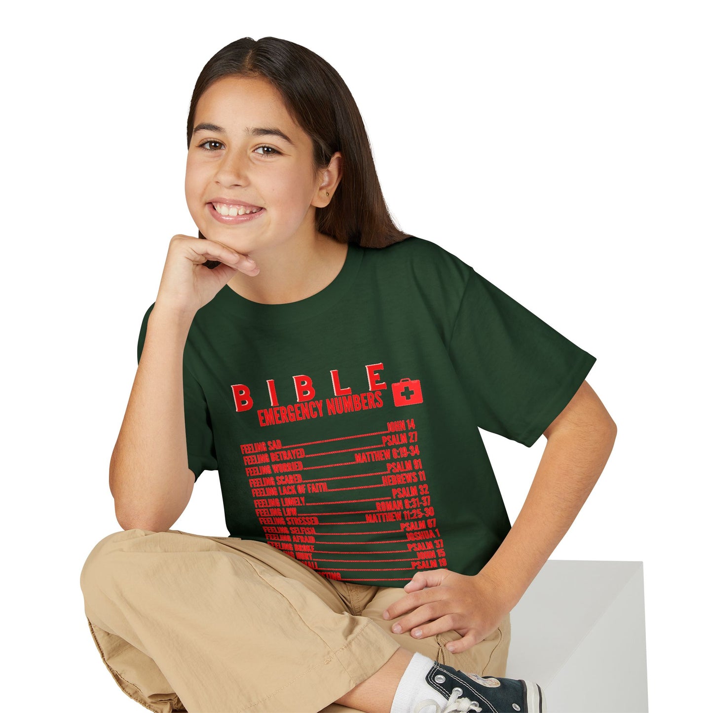 Bible Emergency Numbers Youth T-Shirt — Red