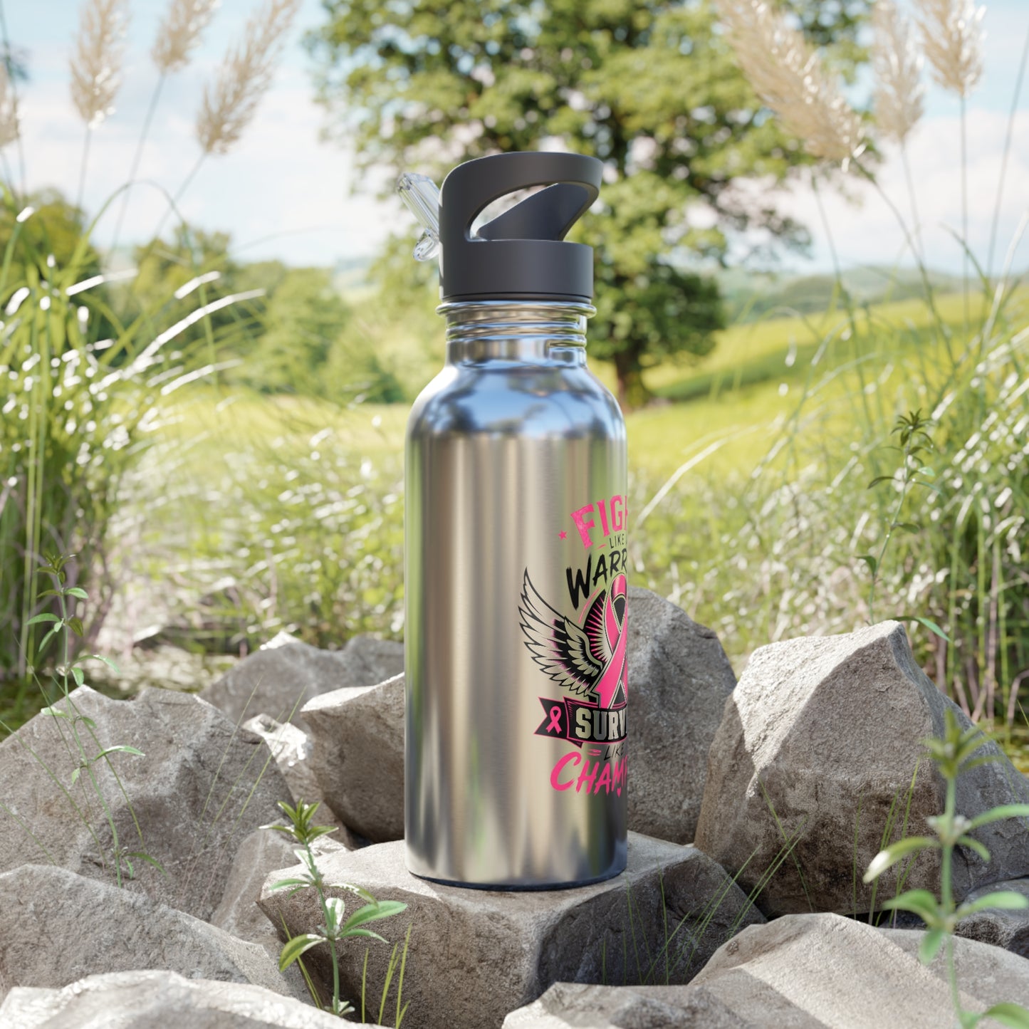 Fight Like a Warrior, Survive Like a Champion Breast Cancer 20oz Stainless Steel Water Bottle With Straw