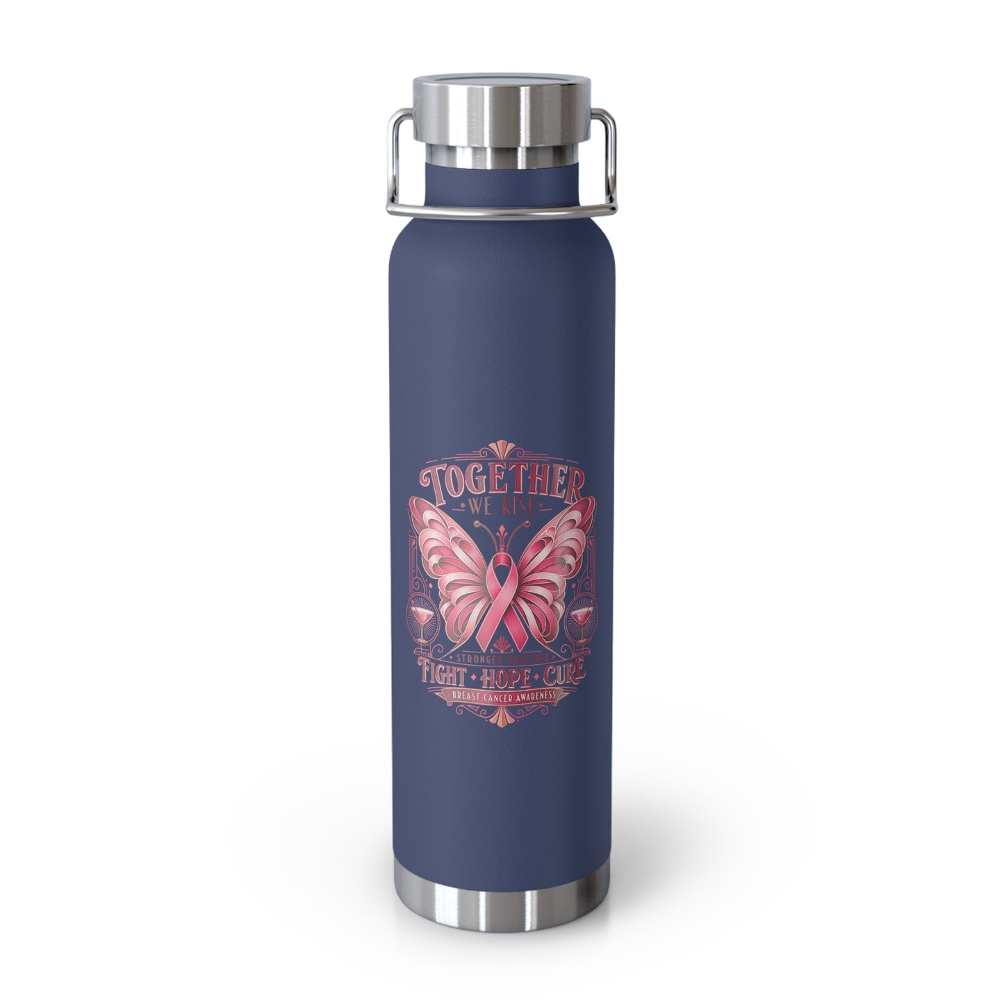 Together We Fight Pink Ribbon Butterfly Cancer 22oz Insulated Water Bottle