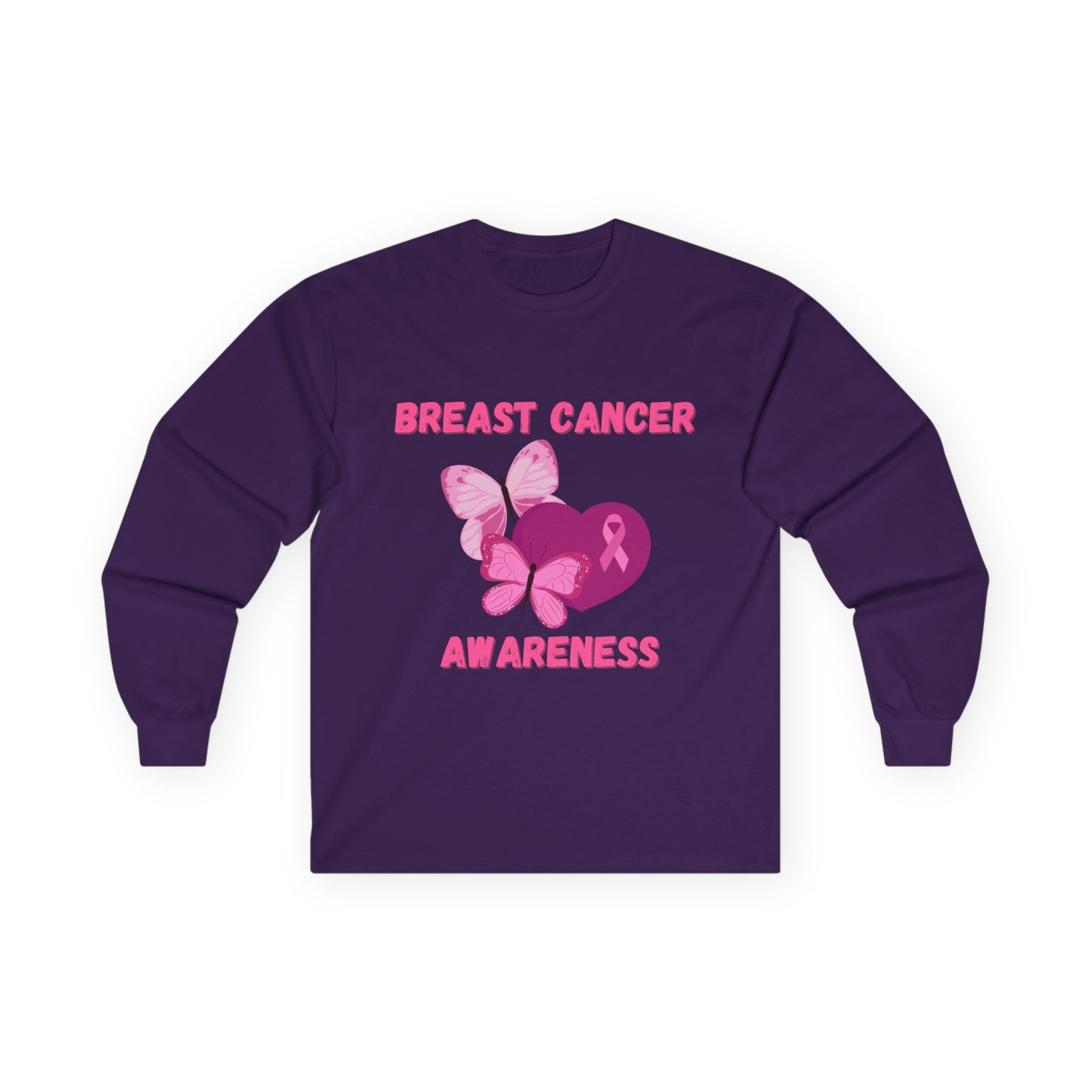 Breast Cancer Awareness Long Sleeve Tee — Pink Ribbon Butterfly Design