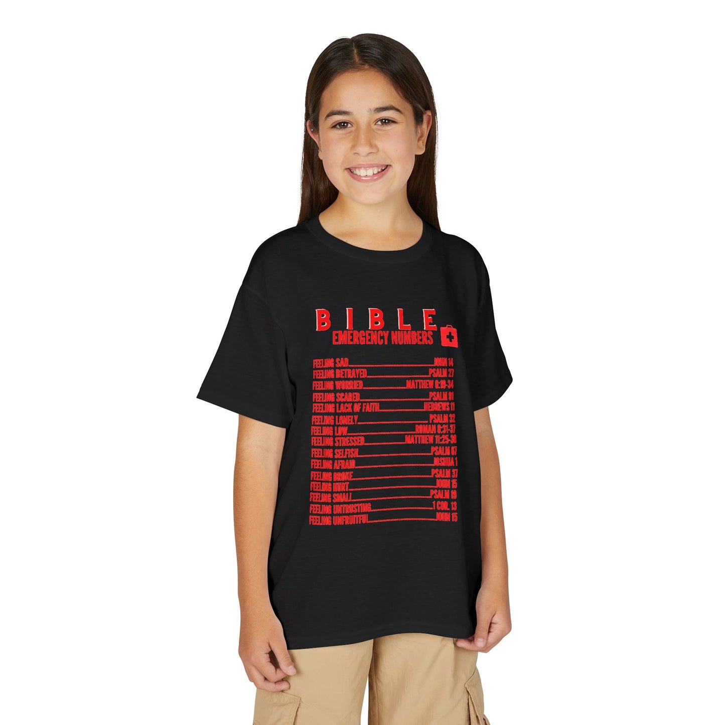 Bible Emergency Numbers Youth T-Shirt — Red