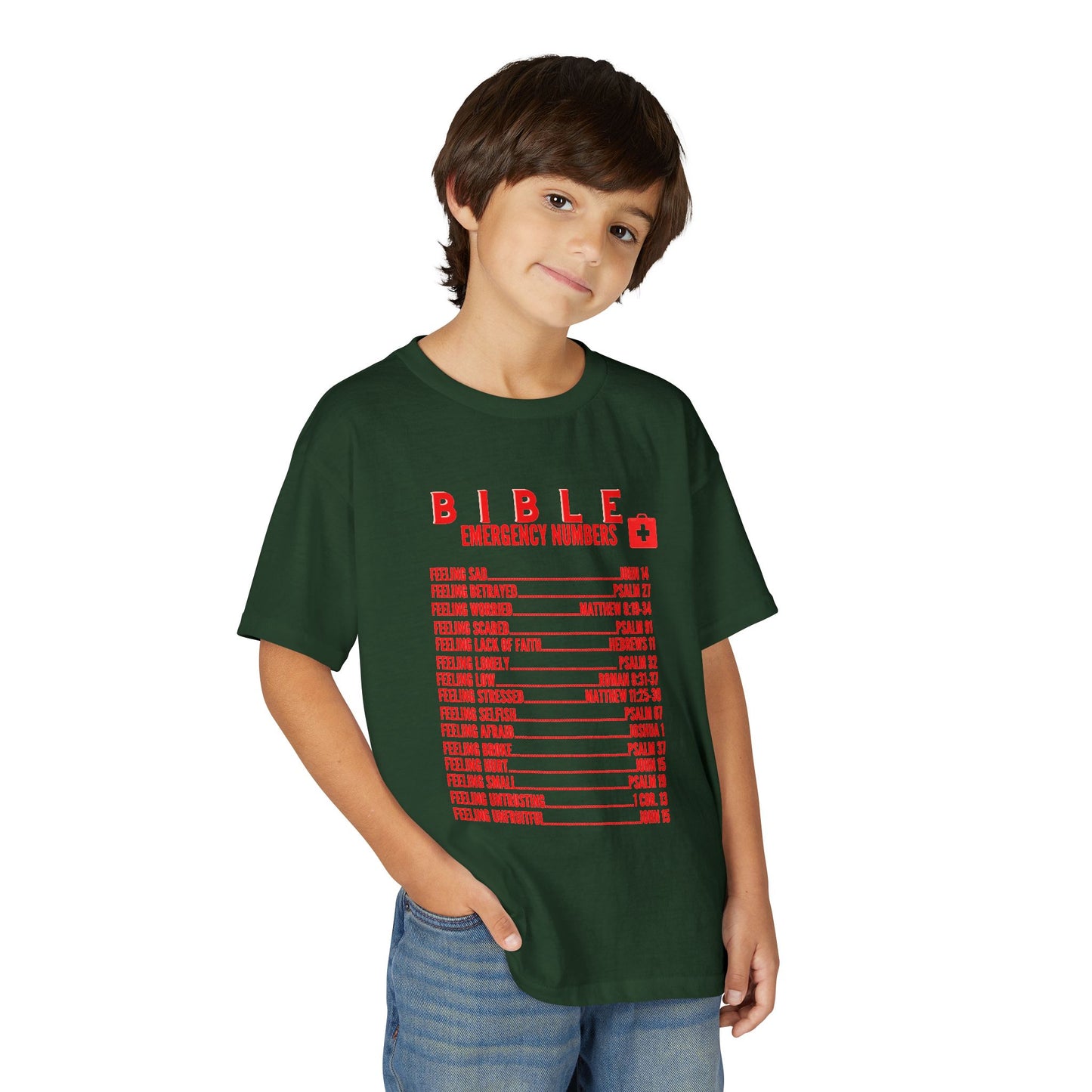 Bible Emergency Numbers Youth T-Shirt — Red