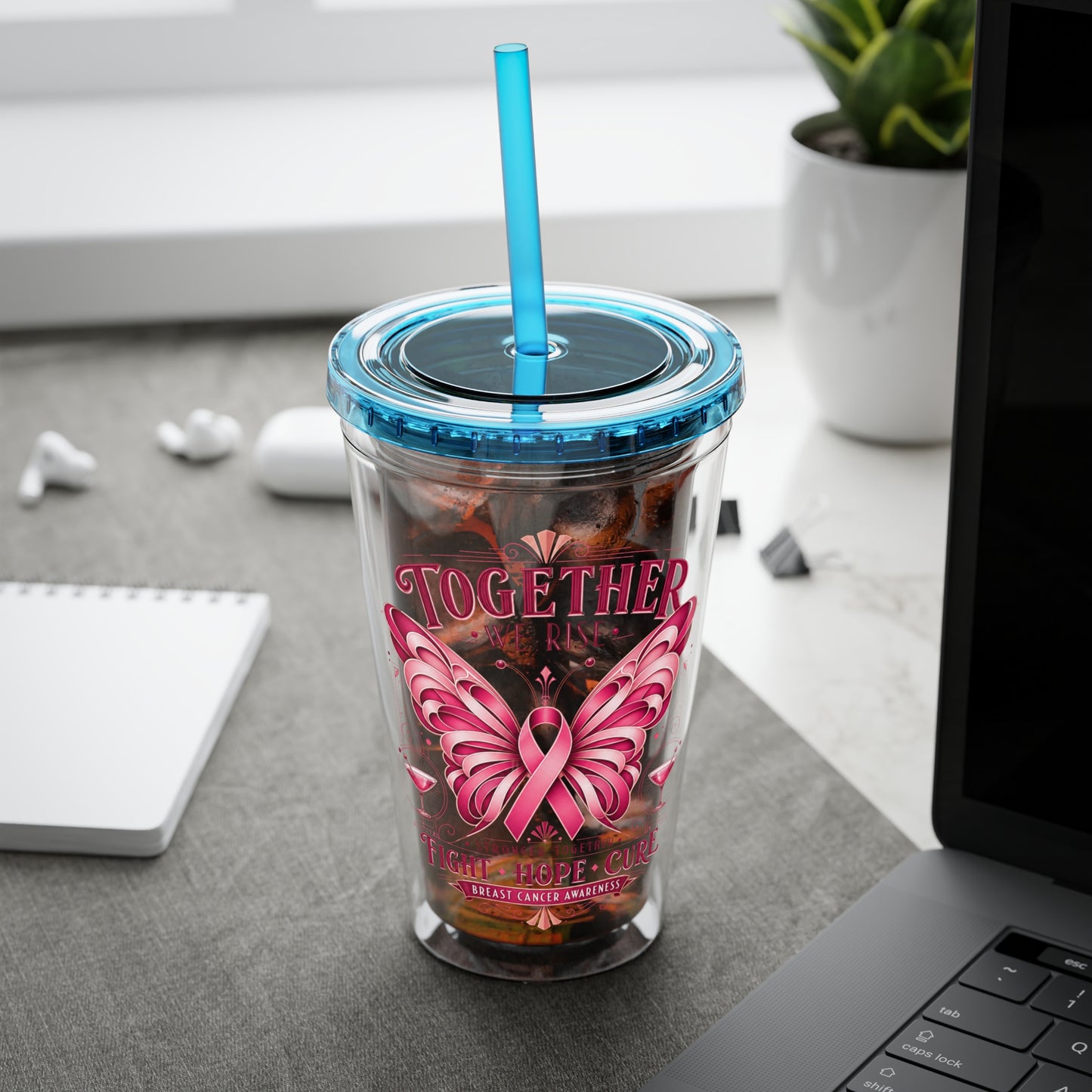 Together We Rise Butterfly Breast Cancer 16oz Tumbler with Straw