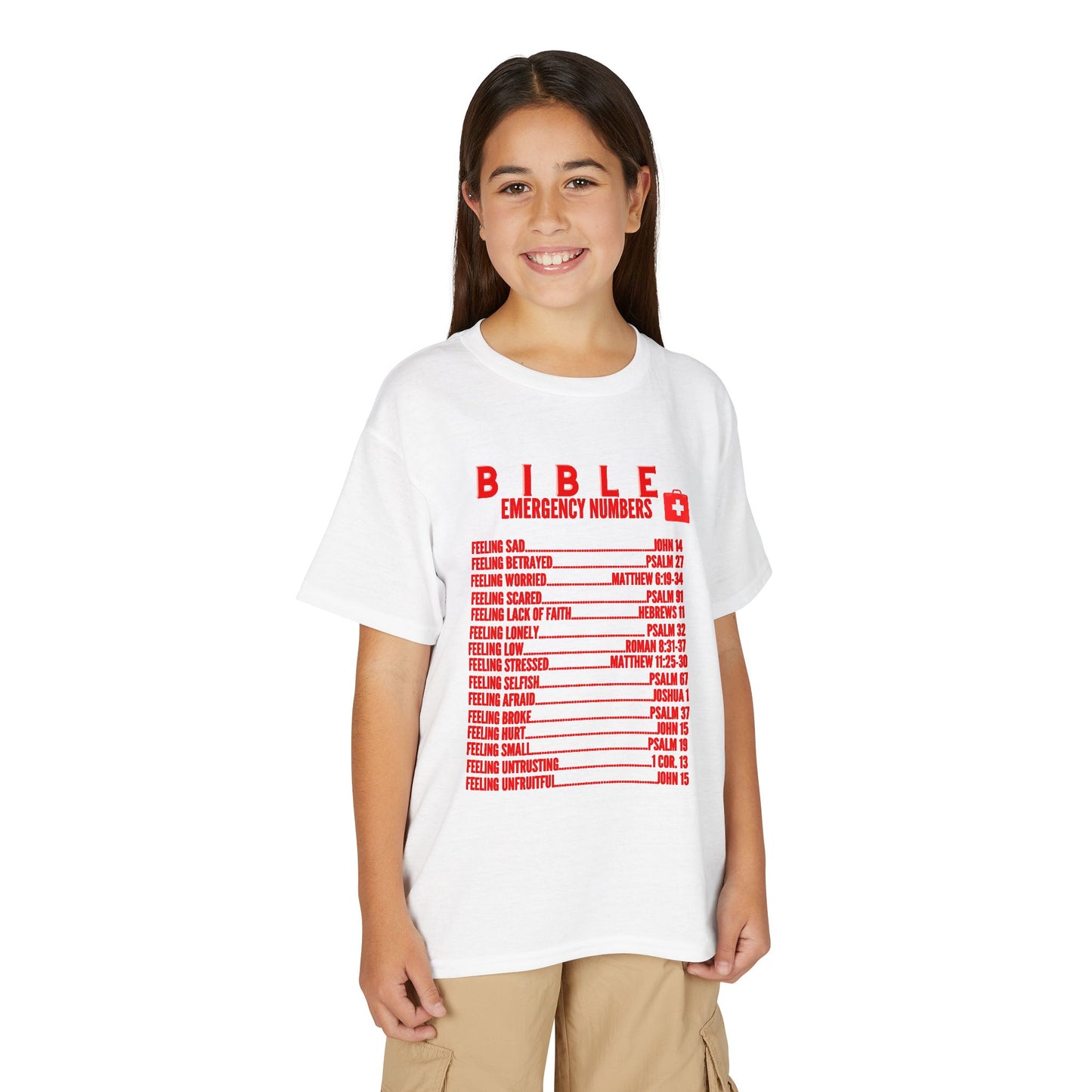 Bible Emergency Numbers Youth T-Shirt — Red