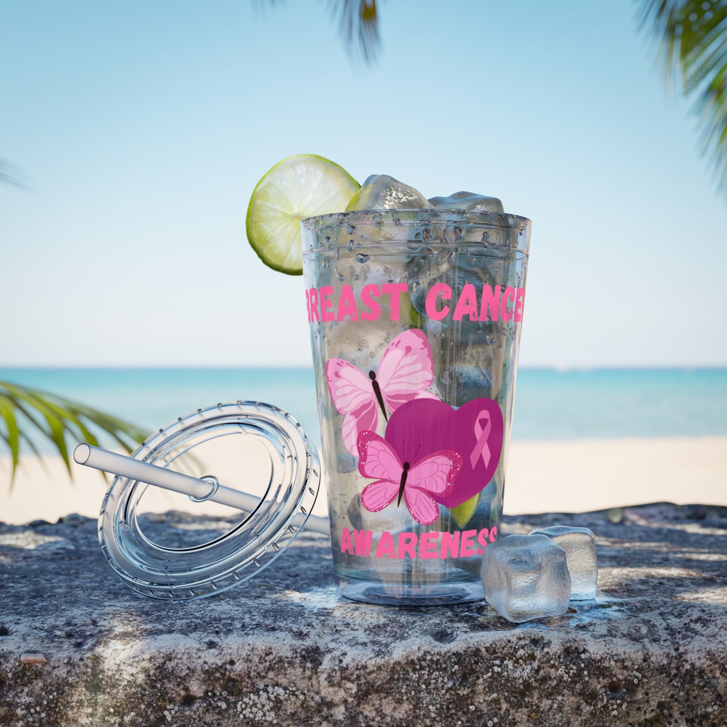 Breast Cancer Awareness 16oz Tumbler with Straw - Butterfly, Heart