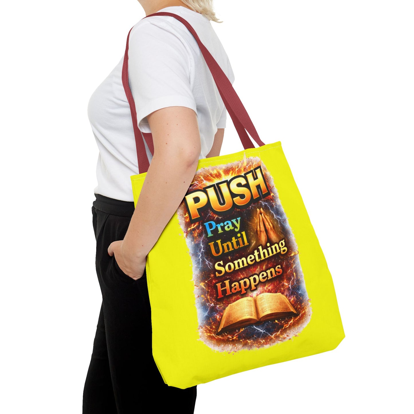 Push Pray Until Something Happens Yellow Tote Bag - Bible
