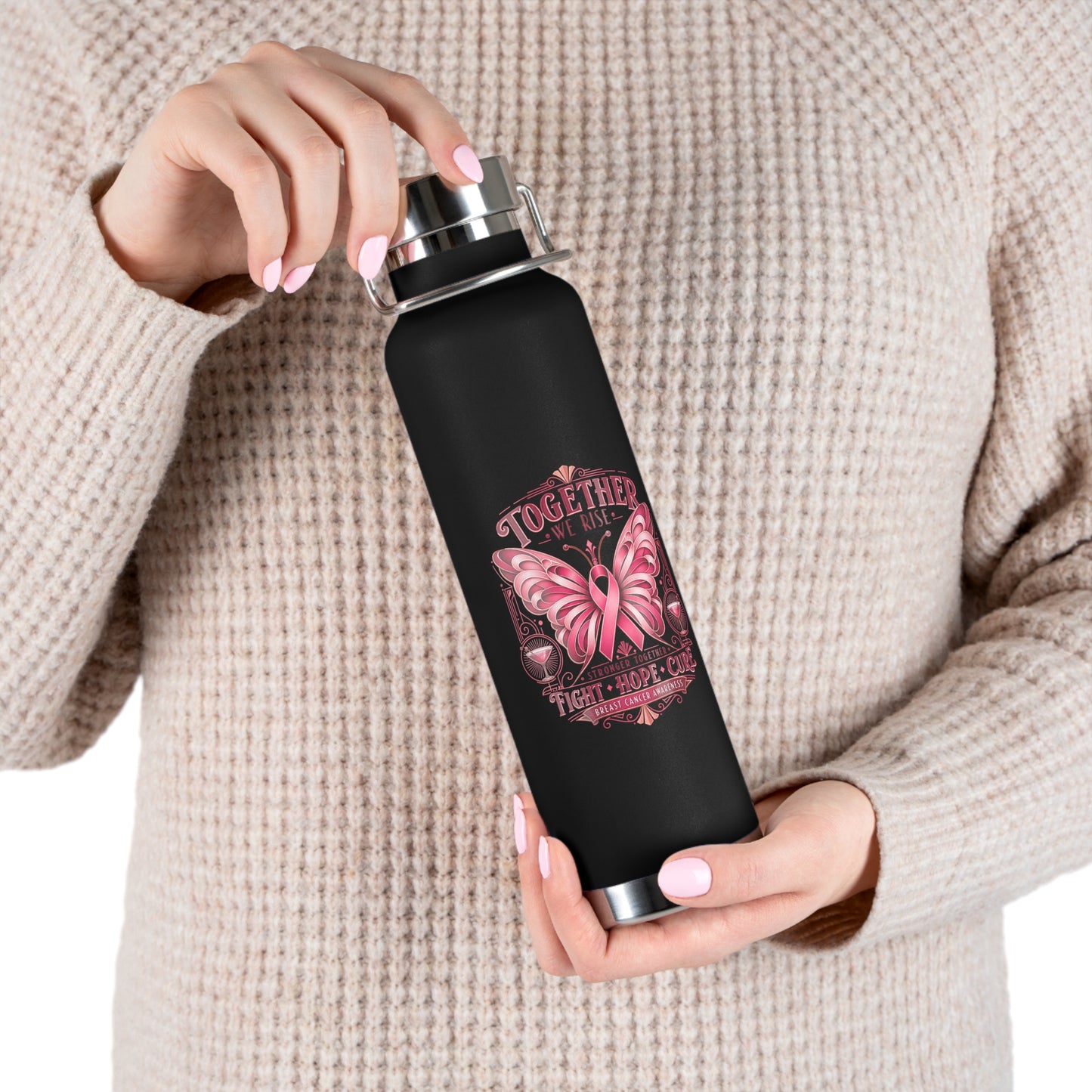Together We Fight Pink Ribbon Butterfly Cancer 22oz Insulated Water Bottle