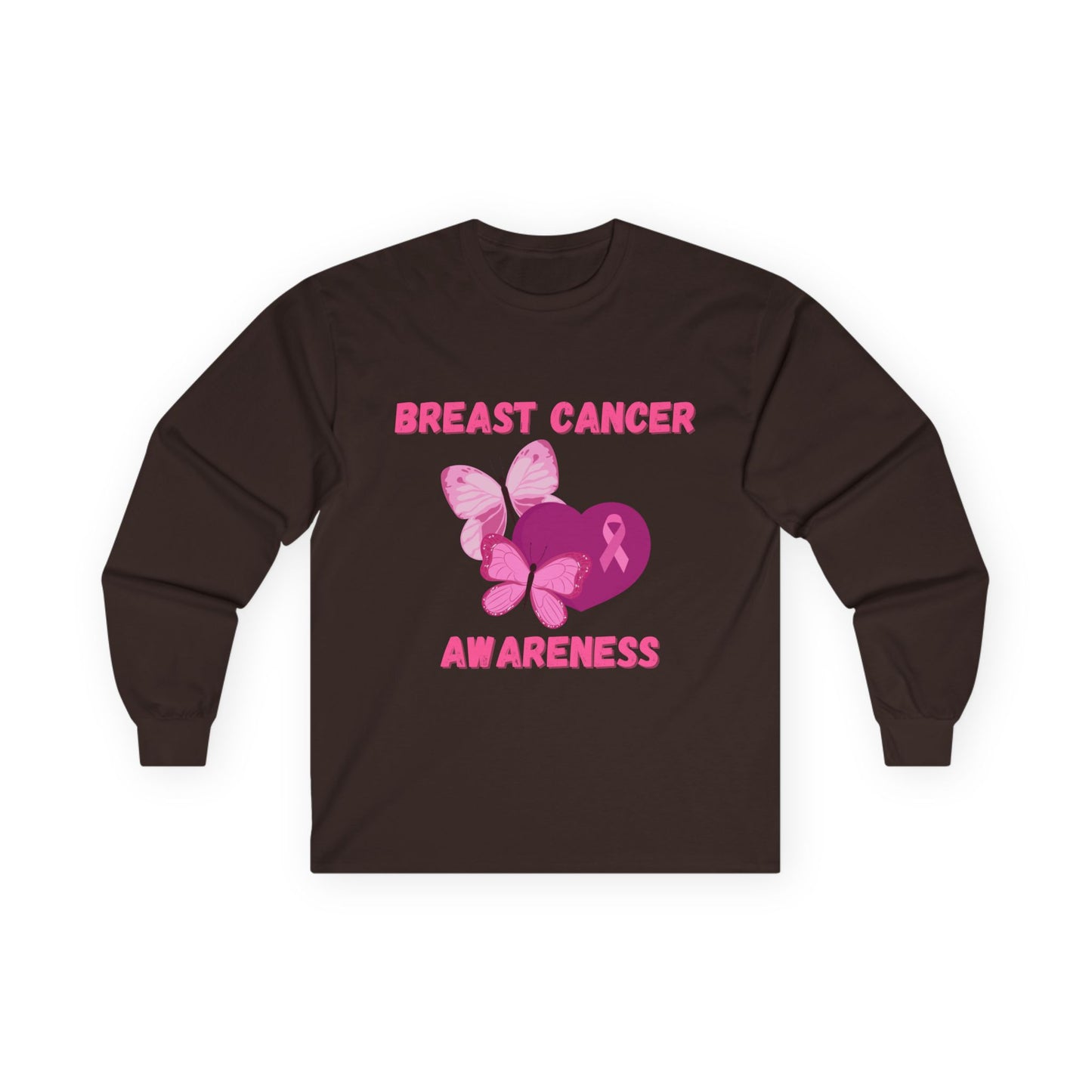 Breast Cancer Awareness Long Sleeve Tee — Pink Ribbon Butterfly Design