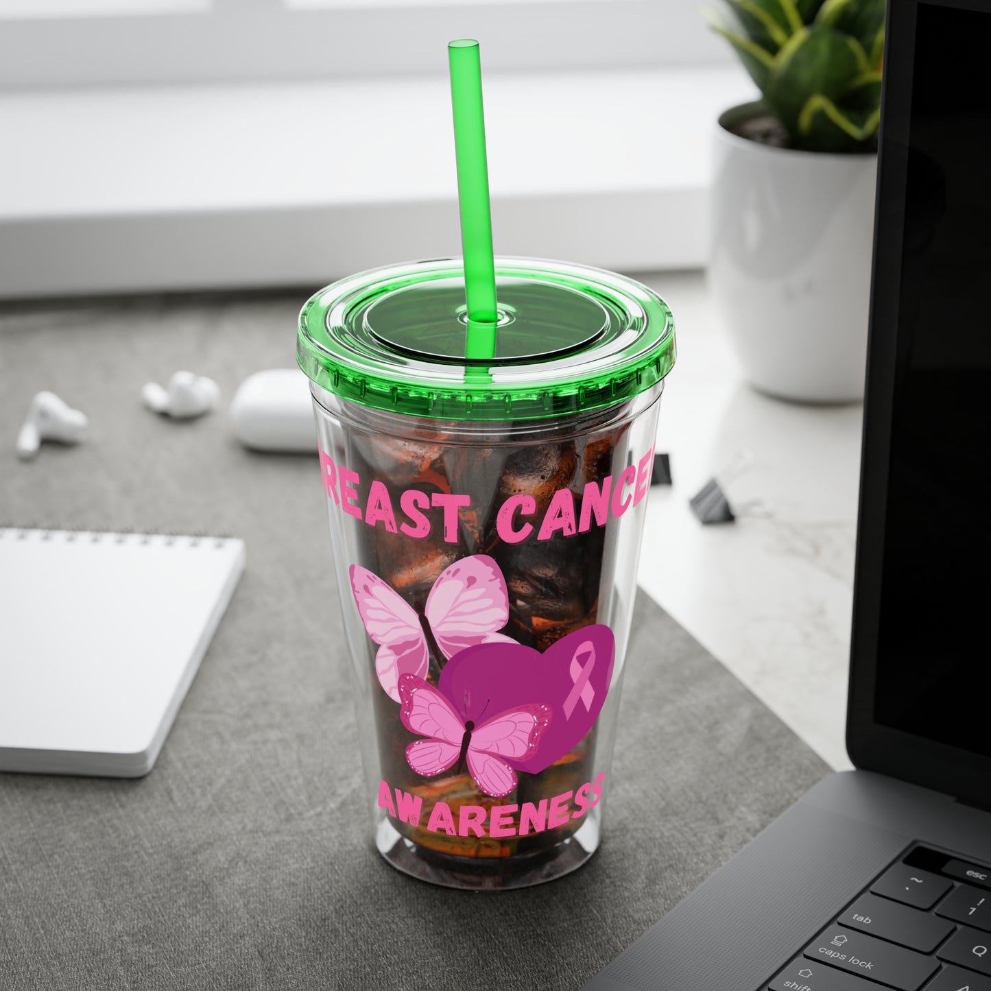 Breast Cancer Awareness 16oz Tumbler with Straw - Butterfly, Heart