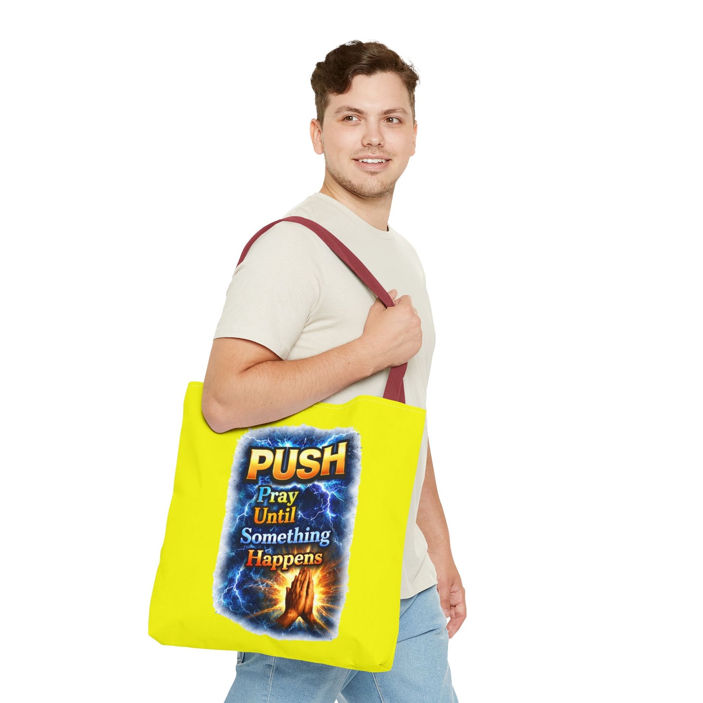 Push Pray Until Something Happens Yellow Tote Bag - Hands