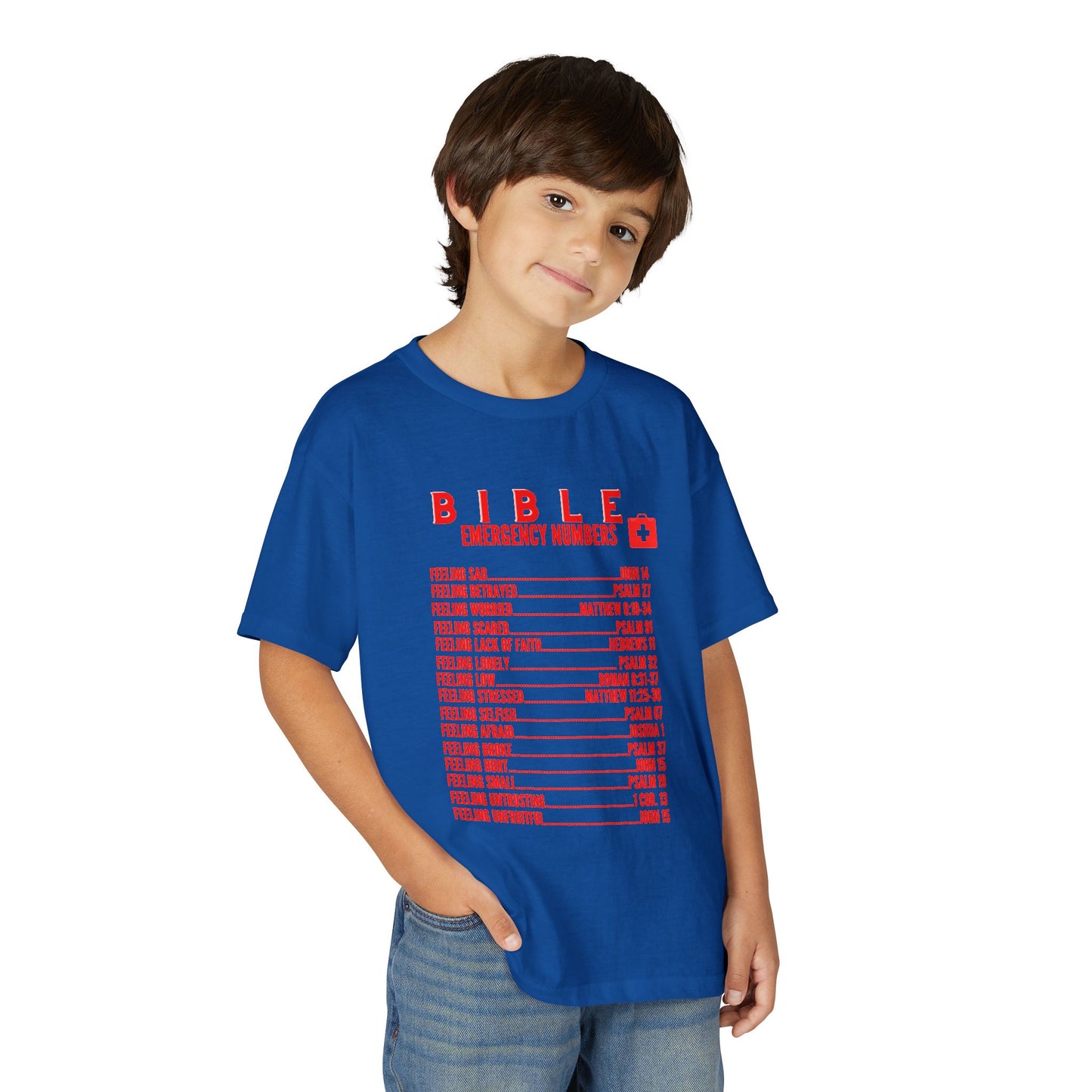 Bible Emergency Numbers Youth T-Shirt — Red