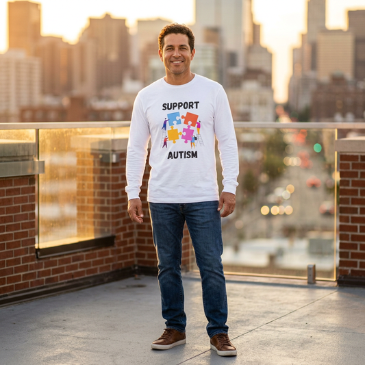 Support Autism Long Sleeve Tee — Puzzle Piece Awareness Shirt - Blk