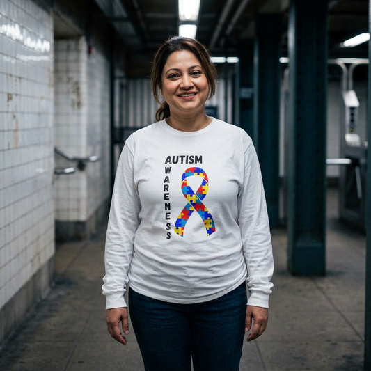 Autism Puzzle Ribbon Long Sleeve Tee — Blk