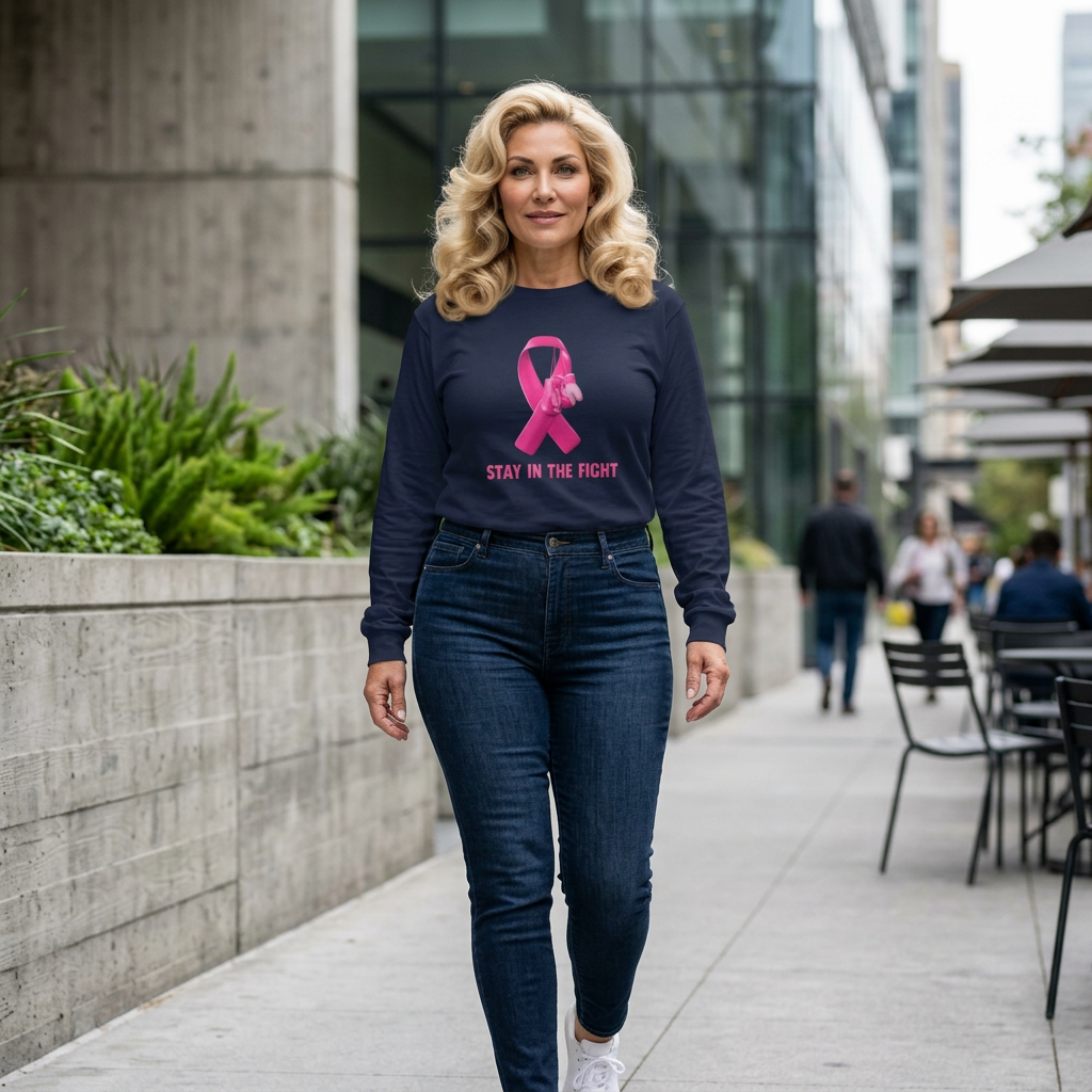 Breast Cancer Awareness Long Sleeve Tee — "Stay in the Fight" Pink Ribbon