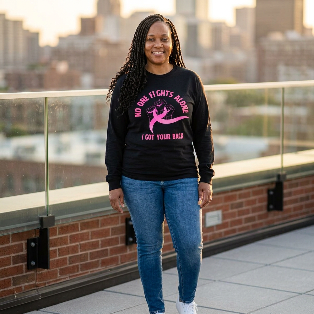 Breast Cancer Support Long Sleeve Tee — "No One Fights Alone, I Got Your Back"