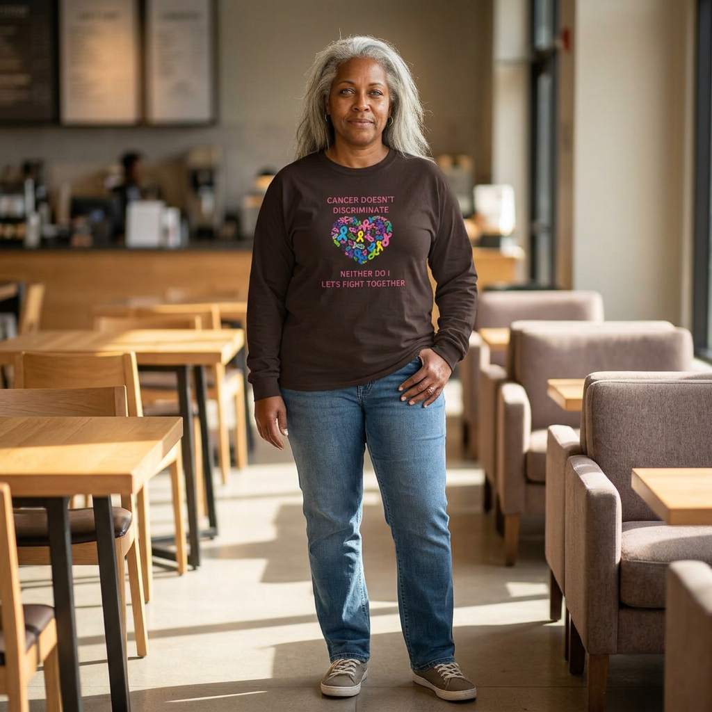 Cancer Awareness Long Sleeve Tee — "Cancer Doesn't Discriminate" Heart Ribbon