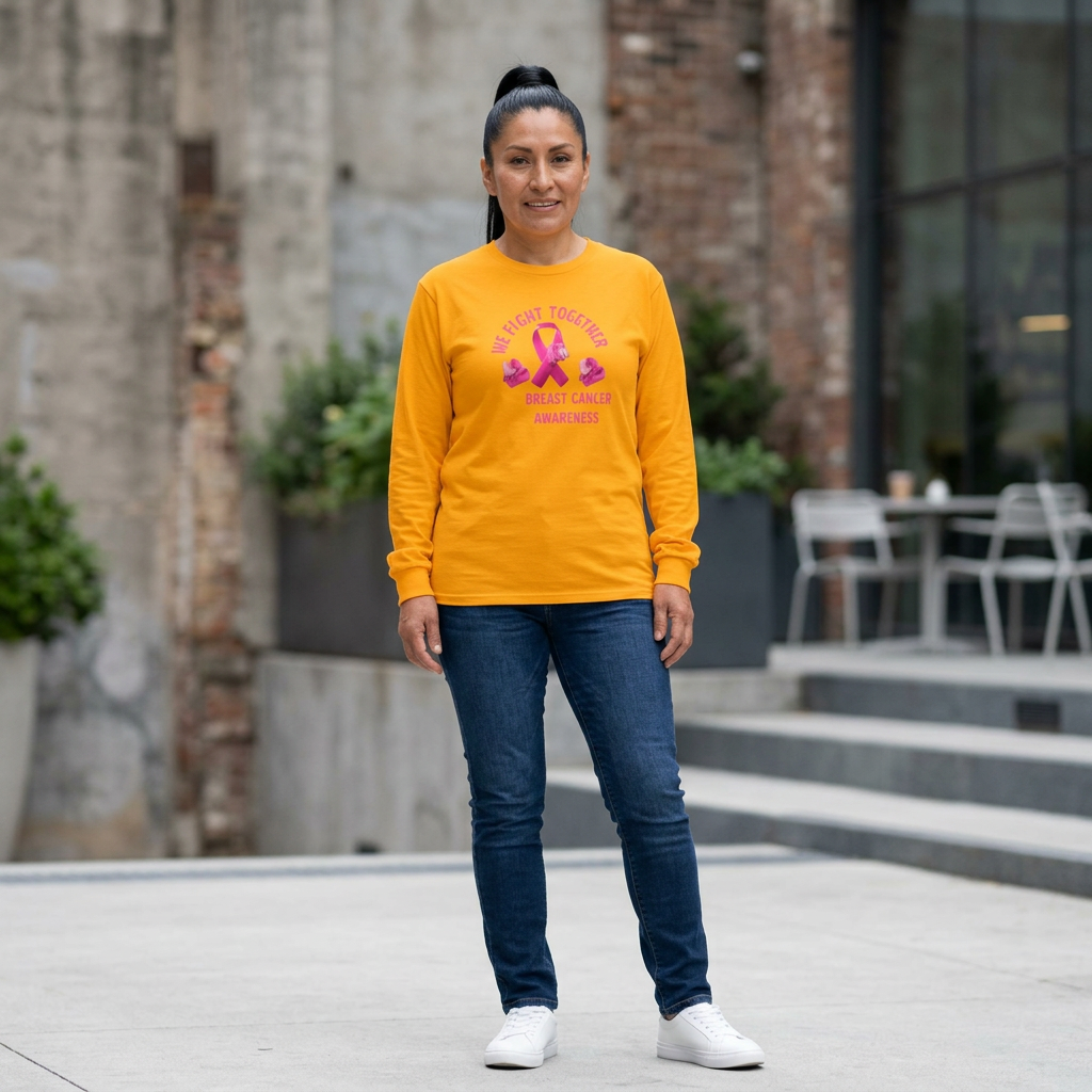 Breast Cancer Awareness Long Sleeve Tee – “We Fight Together” Pink Ribbon