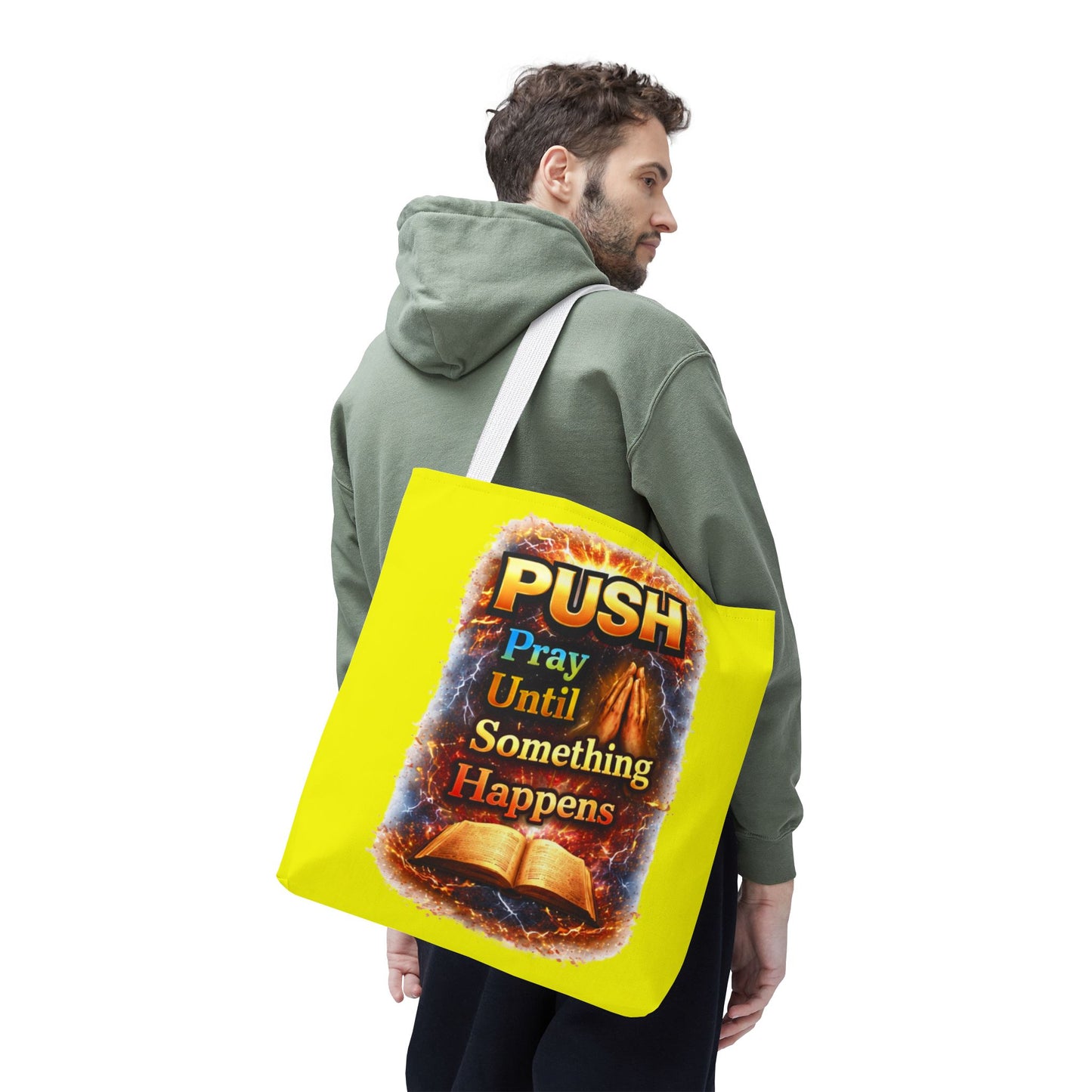 Push Pray Until Something Happens Yellow Tote Bag - Bible