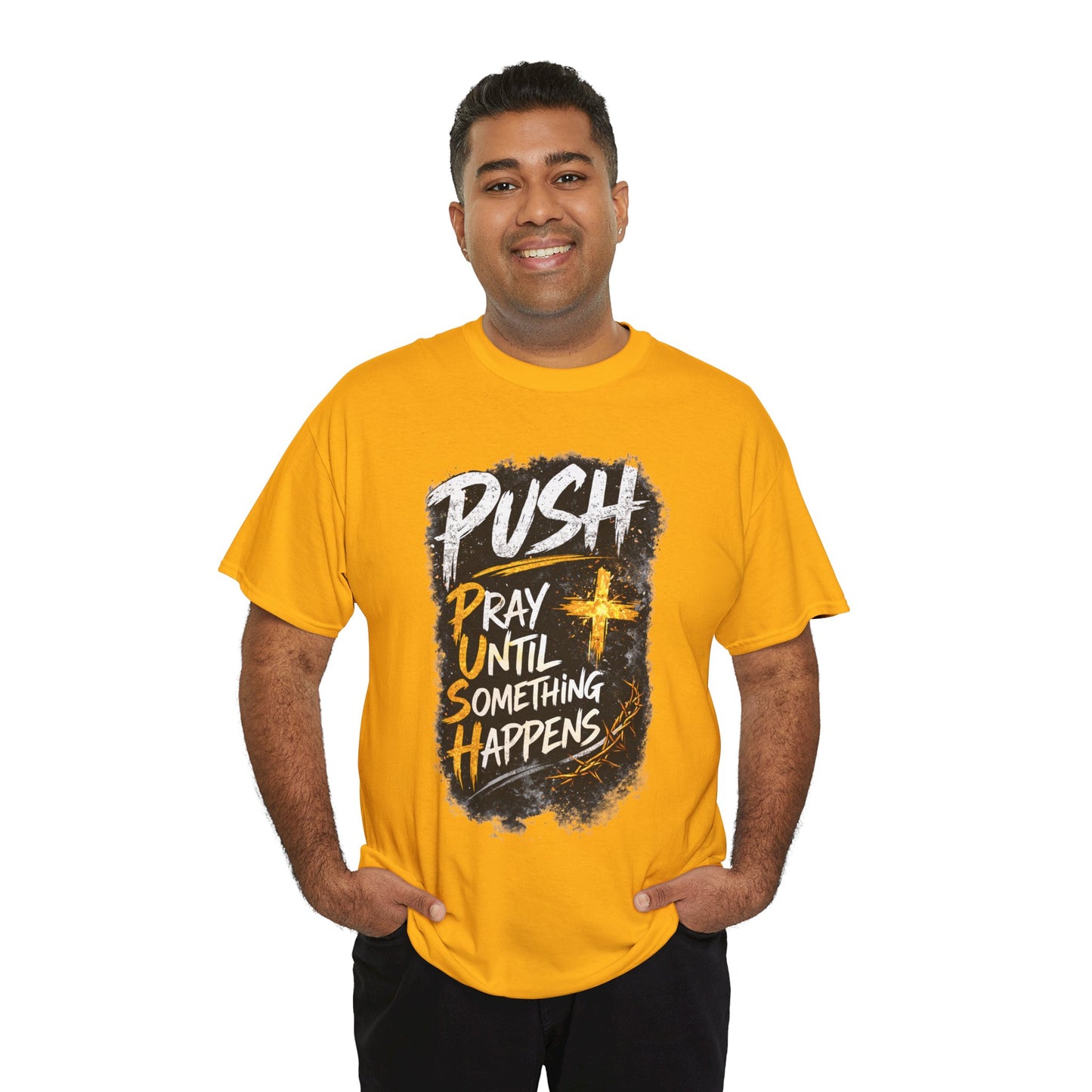 Man wearing a yellow t-shirt with motivational text on a white background