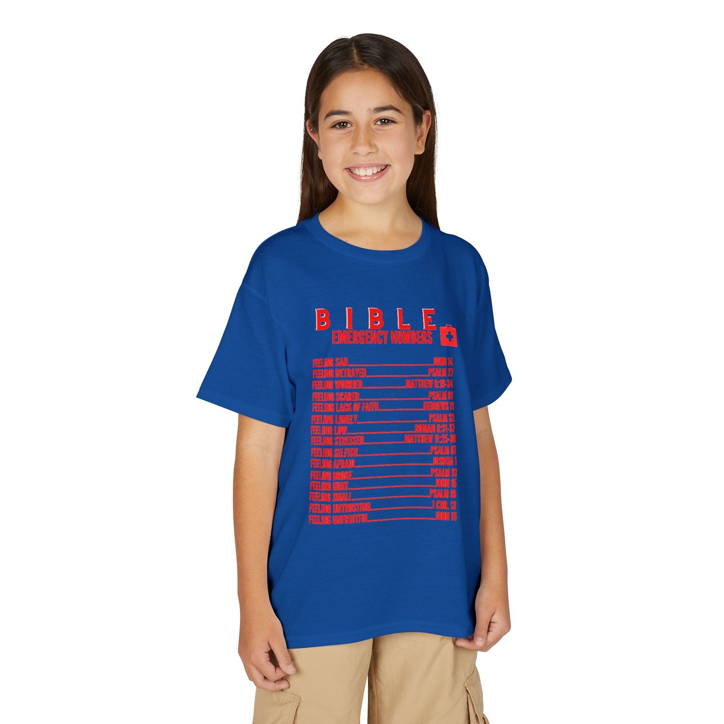 Bible Emergency Numbers Youth T-Shirt — Red