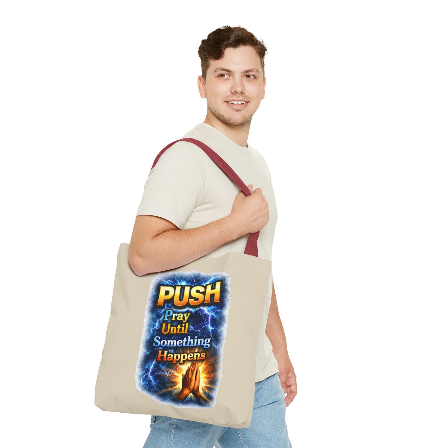 Push Pray Until Something Happens Sand Tote Bag - Hands