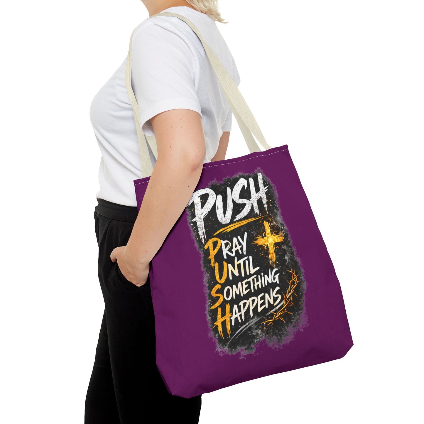 Push Pray Until Something Happens Purple Tote Bag