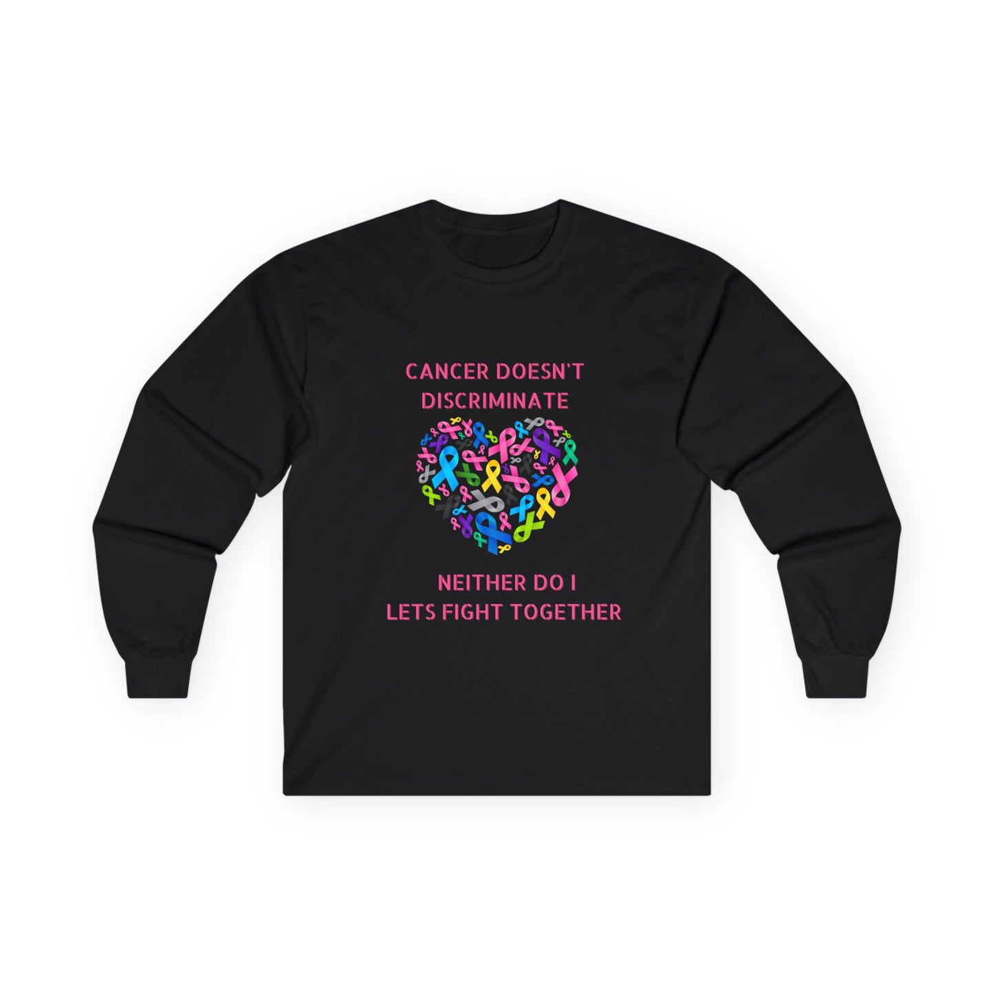 Cancer Awareness Long Sleeve Tee — "Cancer Doesn't Discriminate" Heart Ribbon