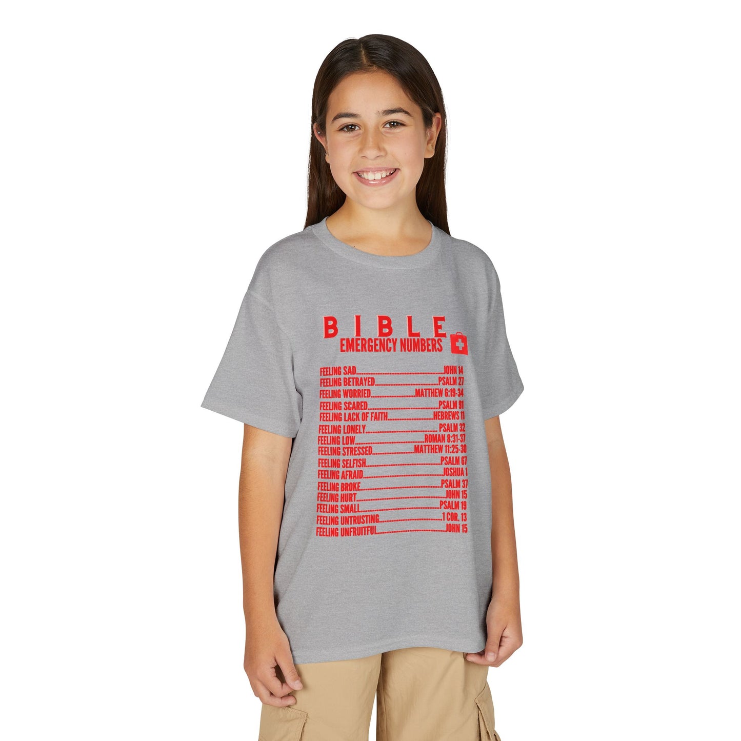 Bible Emergency Numbers Youth T-Shirt — Red