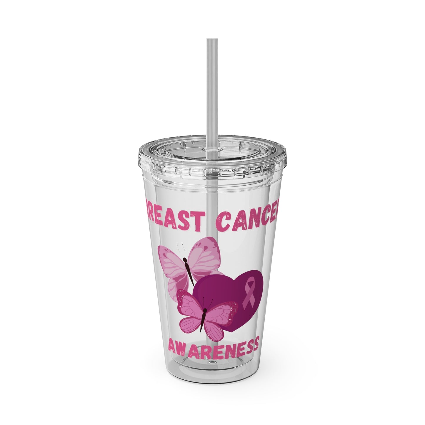 Breast Cancer Awareness 16oz Tumbler with Straw - Butterfly, Heart