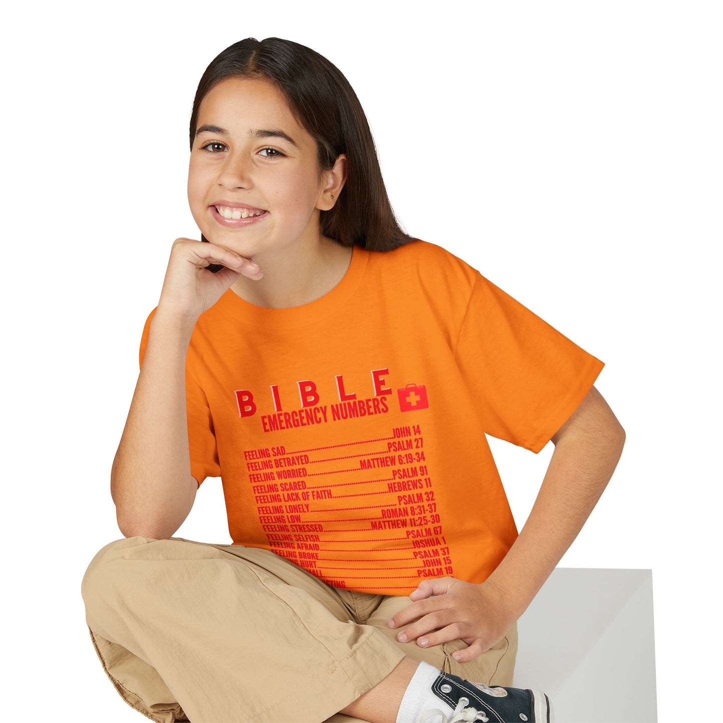Bible Emergency Numbers Youth T-Shirt — Red