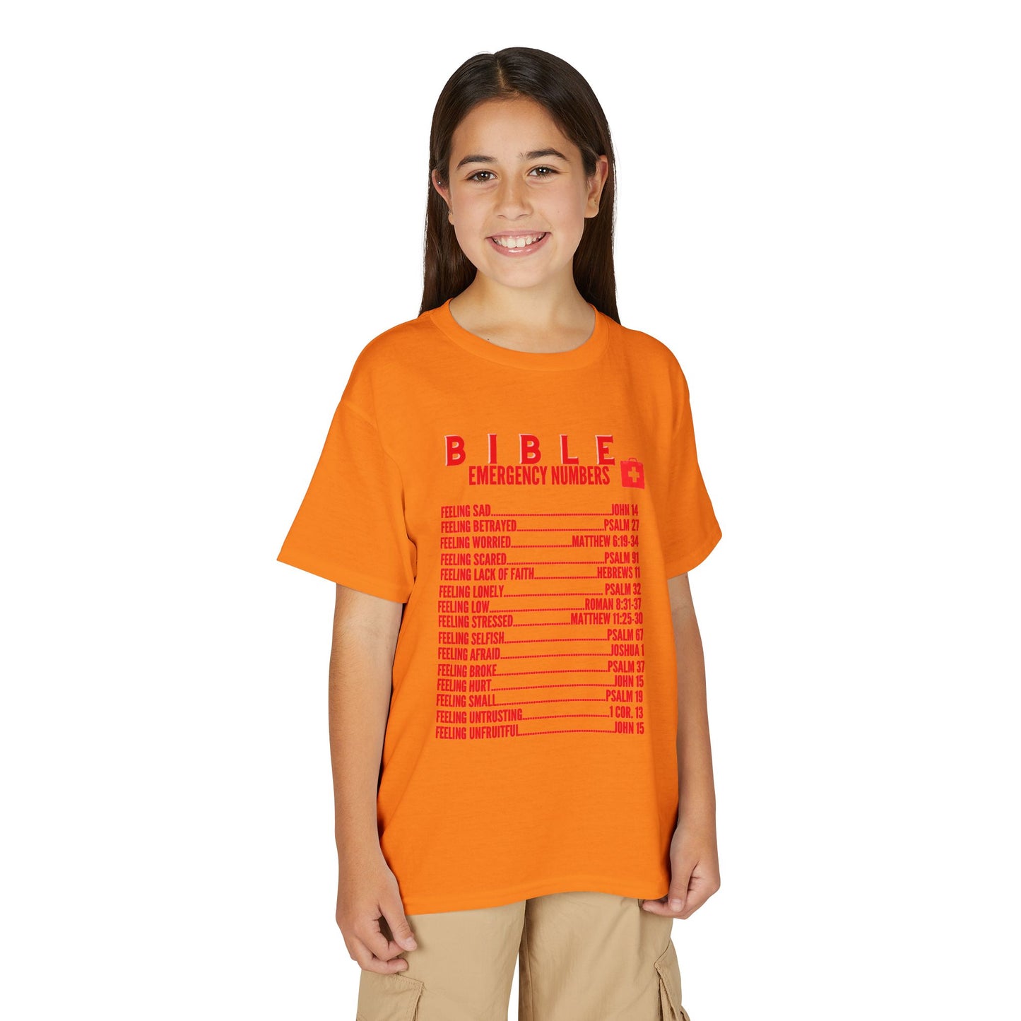Bible Emergency Numbers Youth T-Shirt — Red