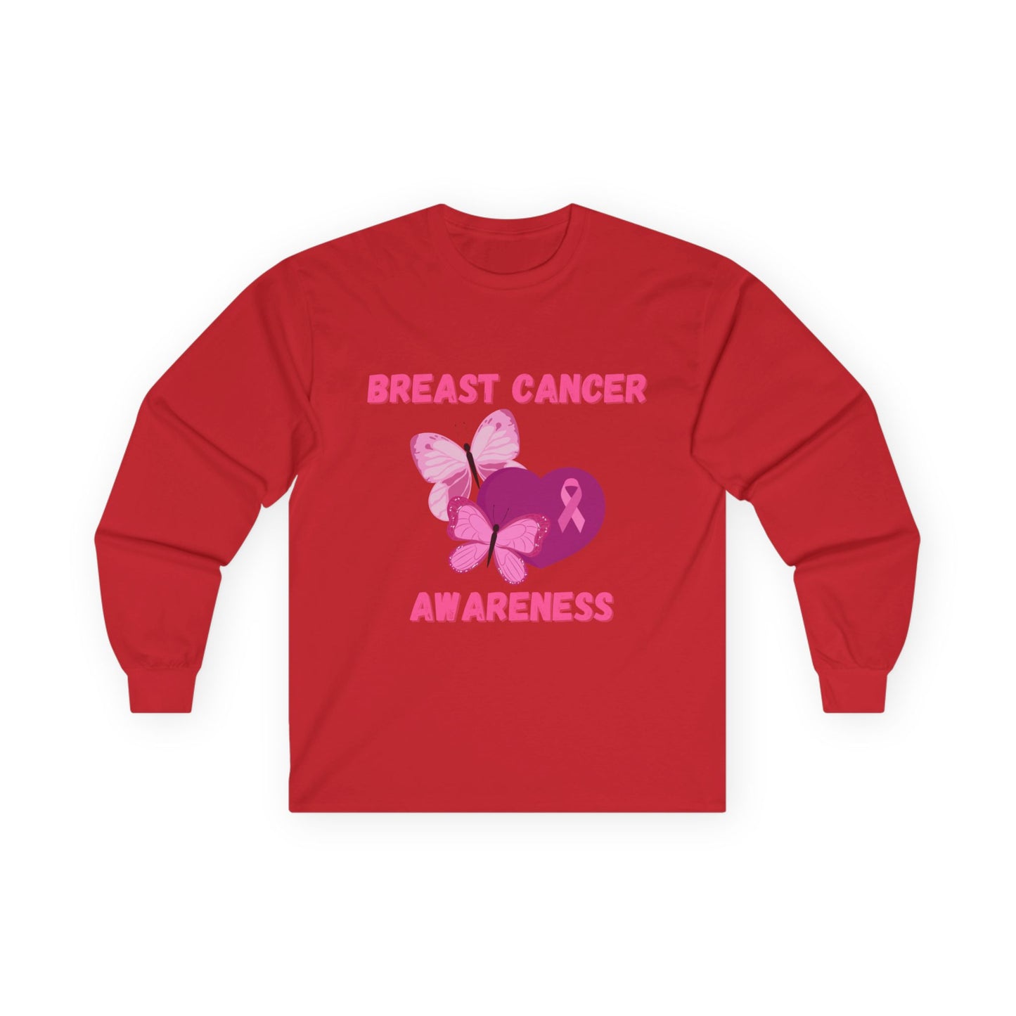 Breast Cancer Awareness Long Sleeve Tee — Pink Ribbon Butterfly Design