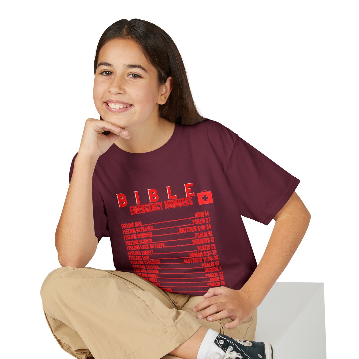 Bible Emergency Numbers Youth T-Shirt — Red