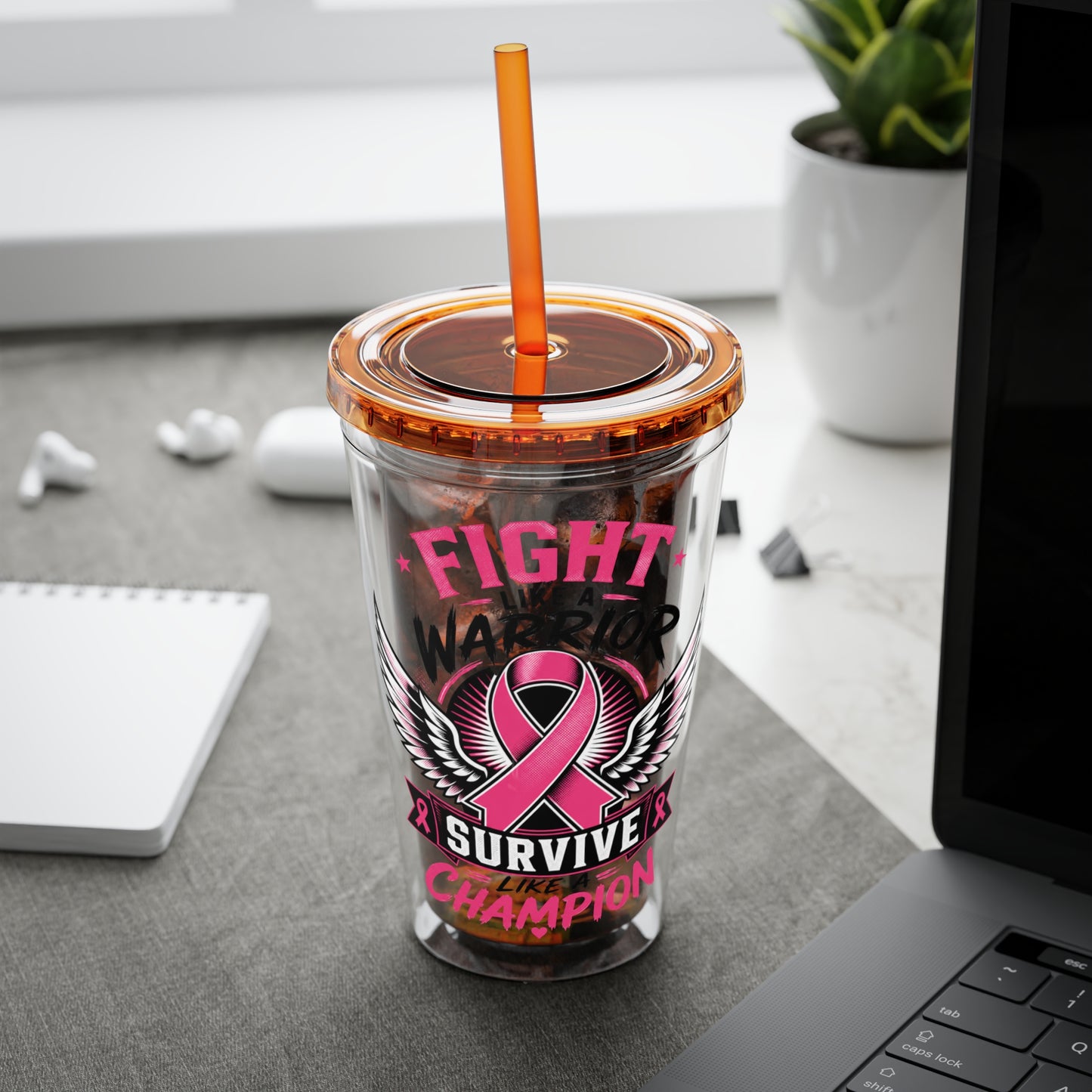 Fight Like a Warrior, Survive Like a Champion Breast Cancer Awareness 16oz Tumbler with Straw