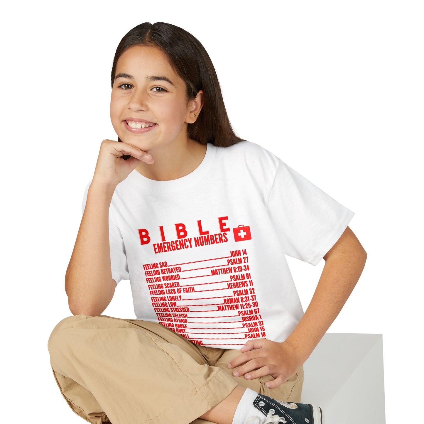Bible Emergency Numbers Youth T-Shirt — Red